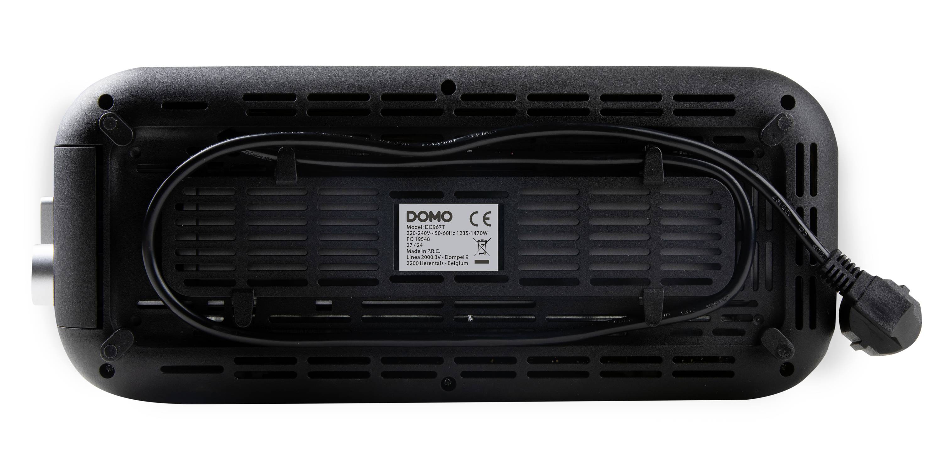 Unterseite eines Tischgrills mit Kabel und Produktionsinformationen. Markenname 'DOMO' erkennbar.