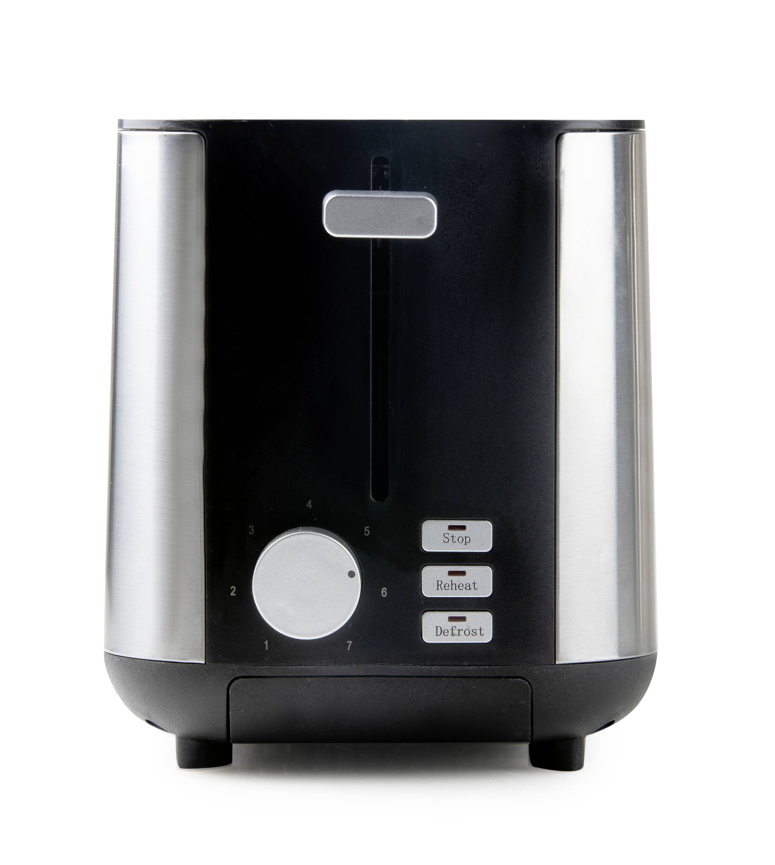 Ein schwarzer Toaster mit Edelstahlakzenten, drei Tasten 'Stop', 'Reheat' und 'Defrost', sowie einem Drehknopf für Bräunungsstufen.