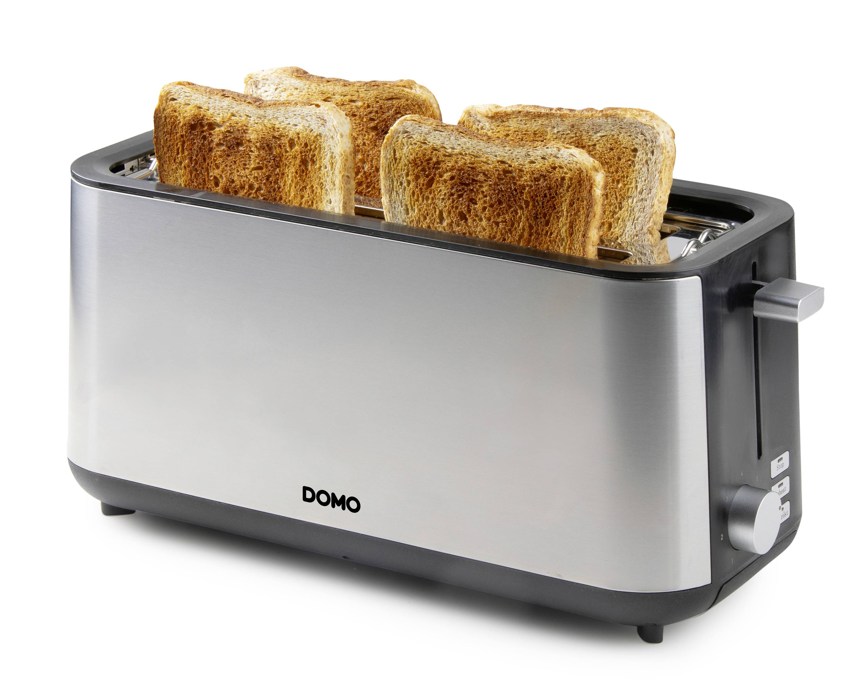 Ein Toaster mit vier Scheiben getoastetem Brot. Der Toaster hat ein silbernes Gehäuse mit schwarzem Rand.