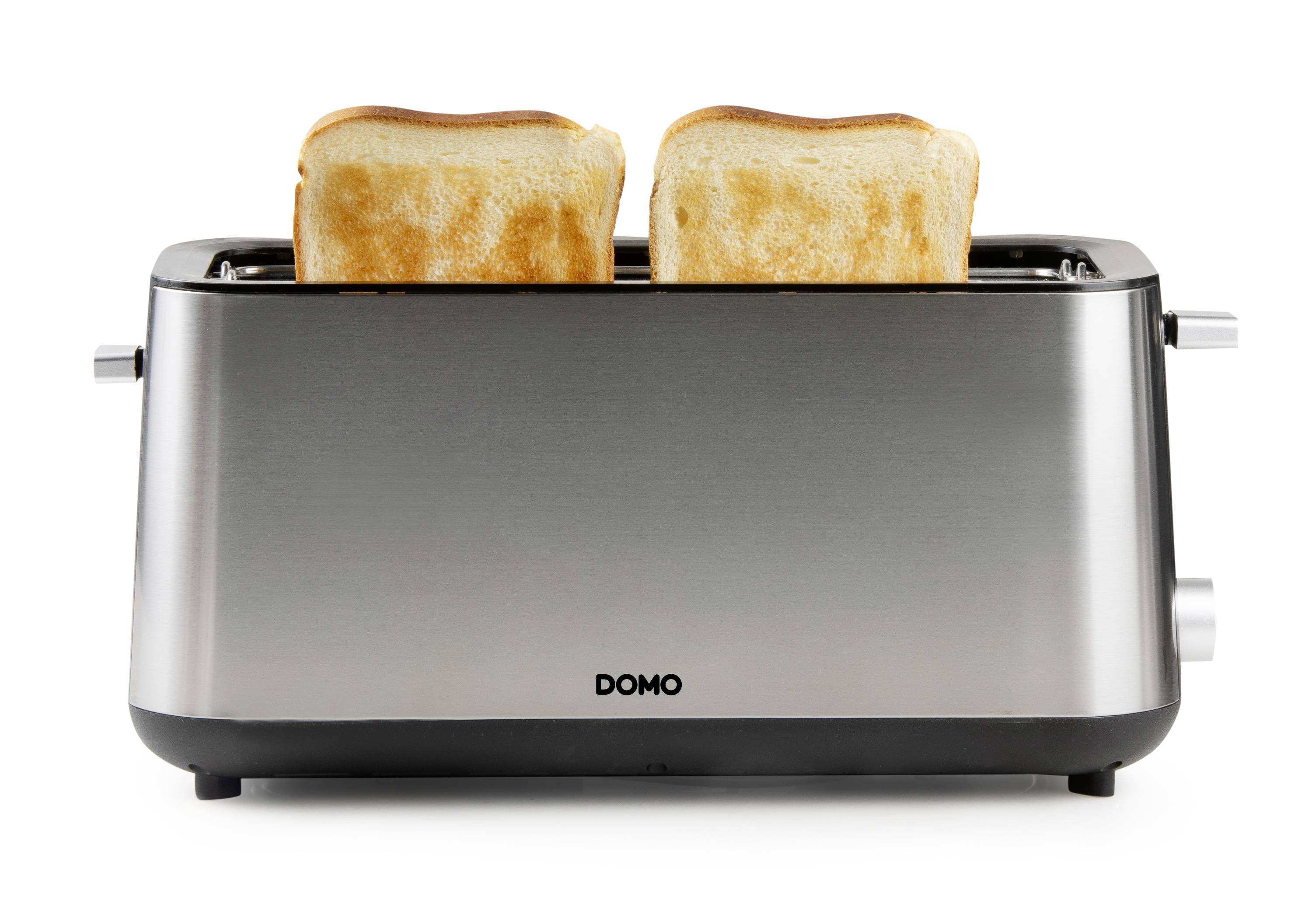 Zwei geröstete Toastscheiben ragen aus einem silbernen Toaster hervor.