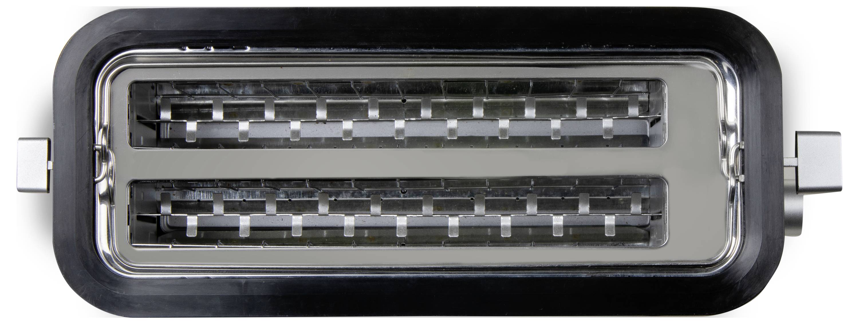 Ansicht eines Toasters von oben, mit einem einzelnen Toasterschlitz in rechteckiger Form, bereit zur Verwendung.