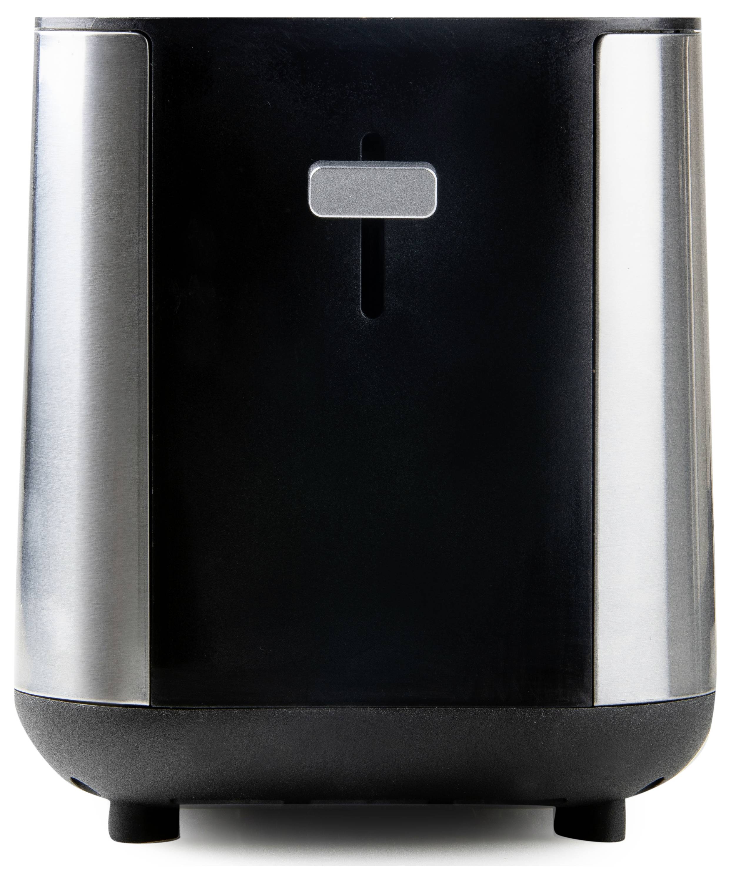 Ein schwarzer und silberner Toaster mit vertikaler Schlitzenöffnung, steht auf einem weißen Hintergrund.