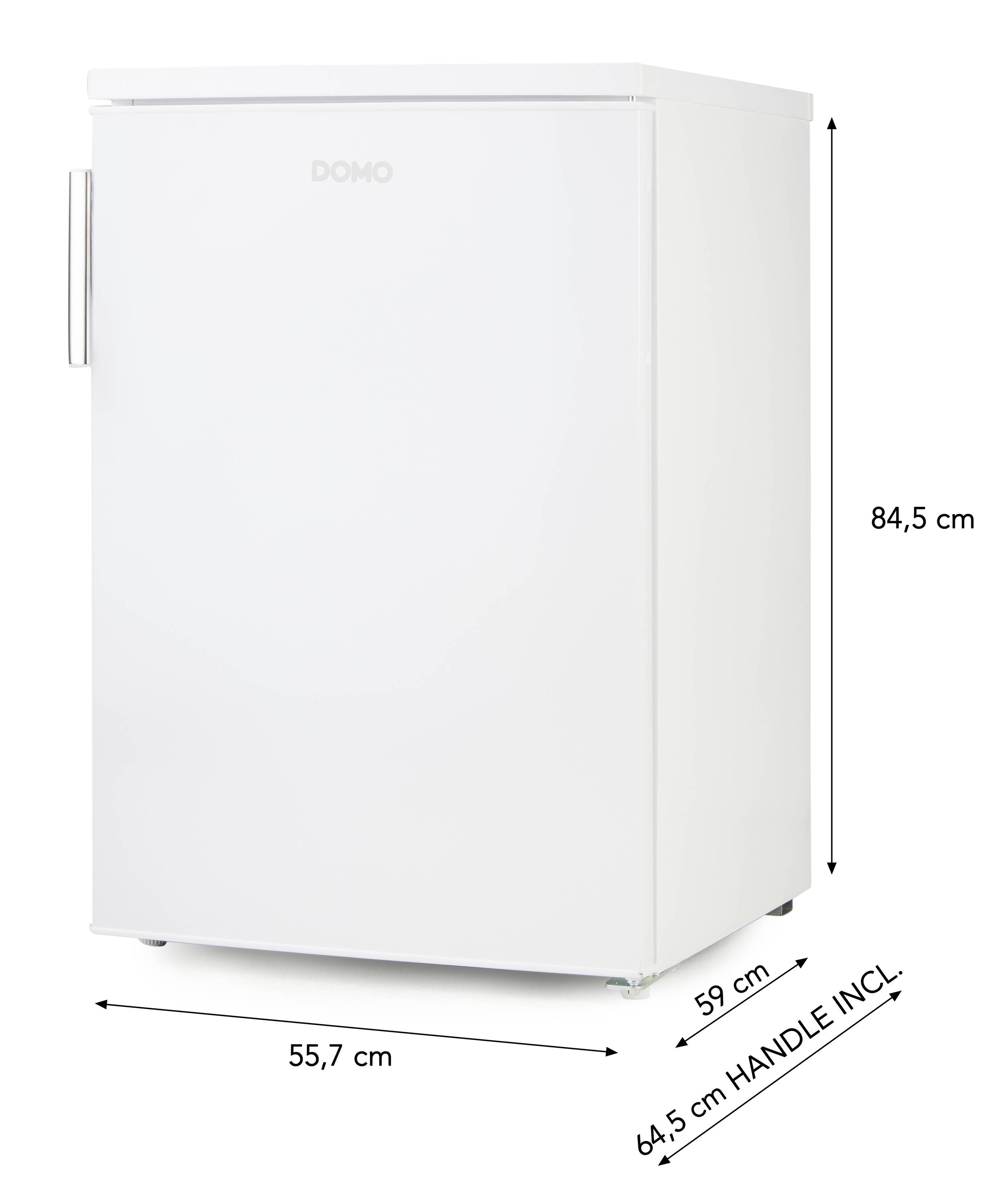 'Ein weißer Kühlschrank mit Griff, Abmessungen markiert: 84,5 cm hoch, 59 cm tief, 64,5 cm inklusive Griff, 55,7 cm breit.'