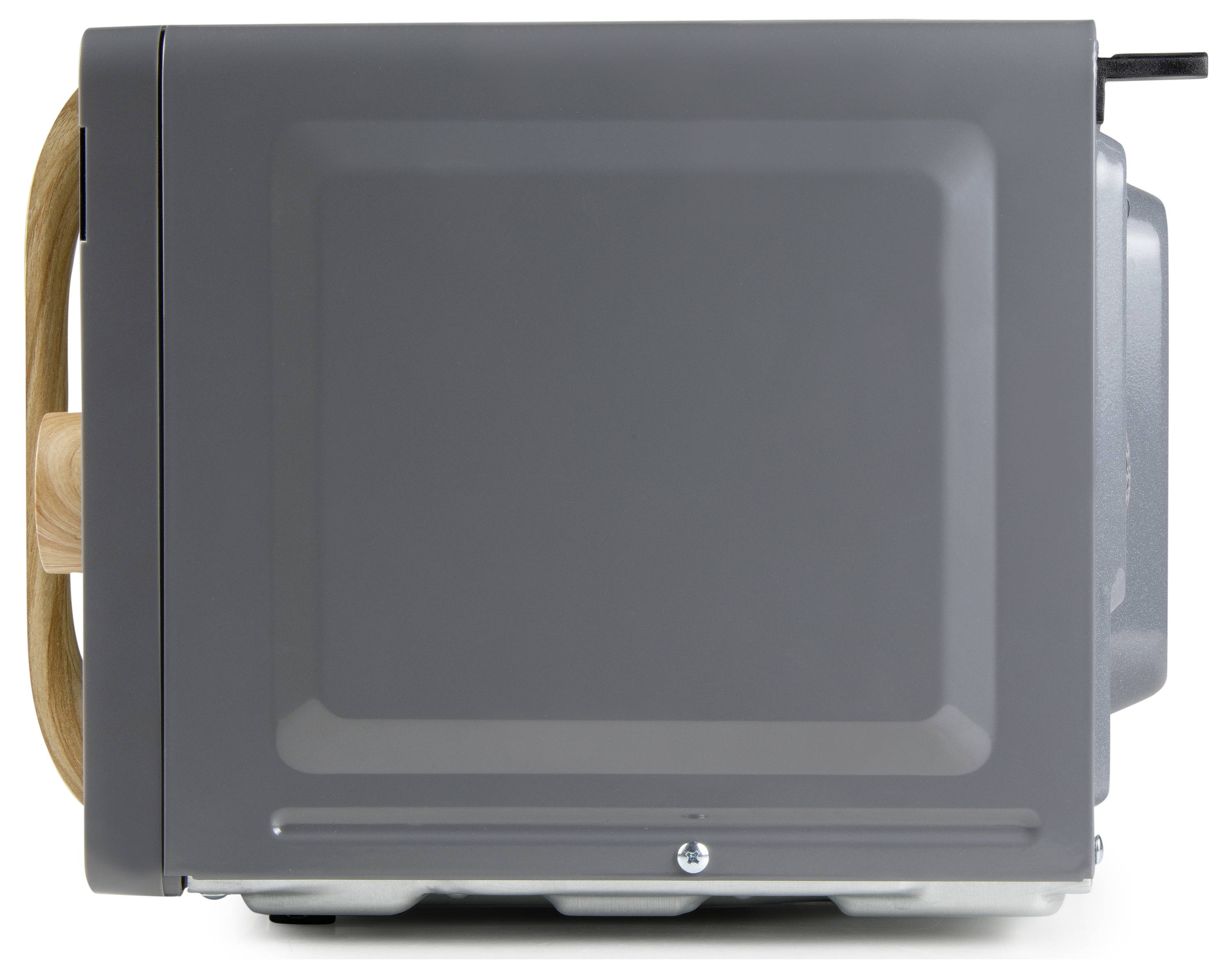 Grau-schwarzer Toaster mit Holzgriff, seitliche Ansicht.