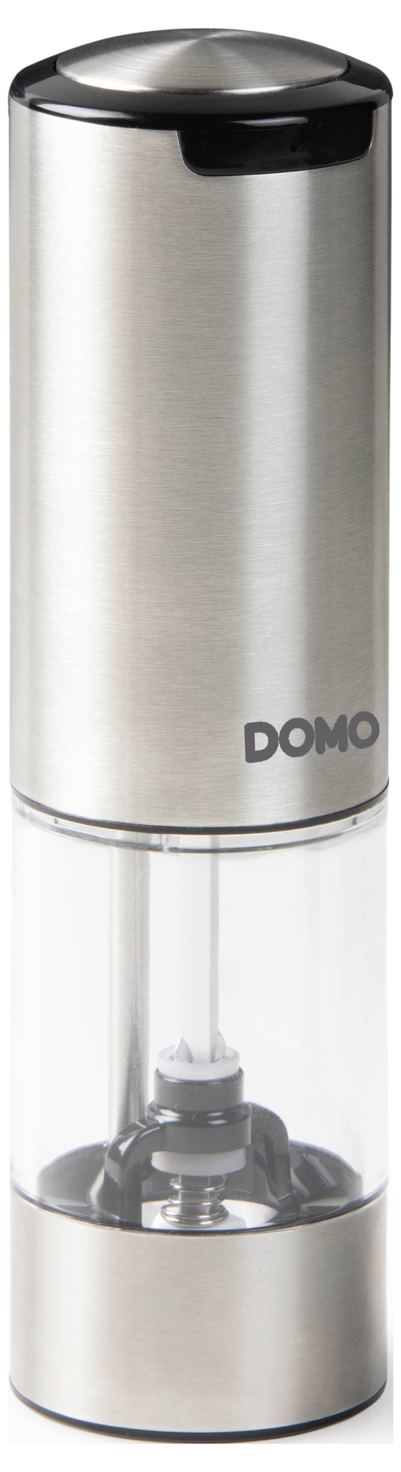 Ein silberfarbener elektrischer Pfeffermühle mit durchsichtigem Mittelteil, der die Mechanik sichtbar macht. Markenname 'DOMO' sichtbar.