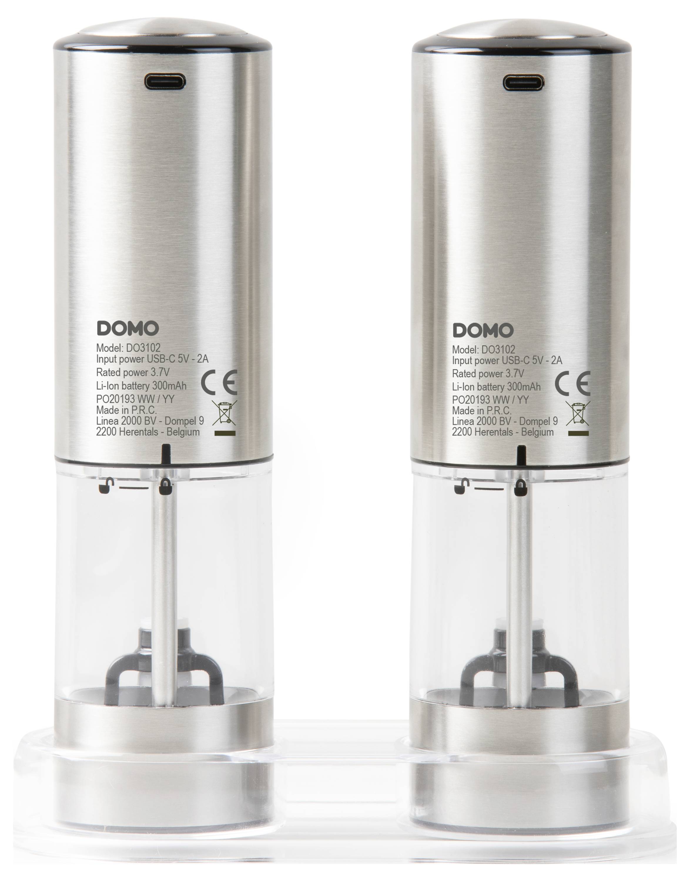 Zwei silberne elektrische Salz- und Pfeffermühlen auf einem transparenten Halter.