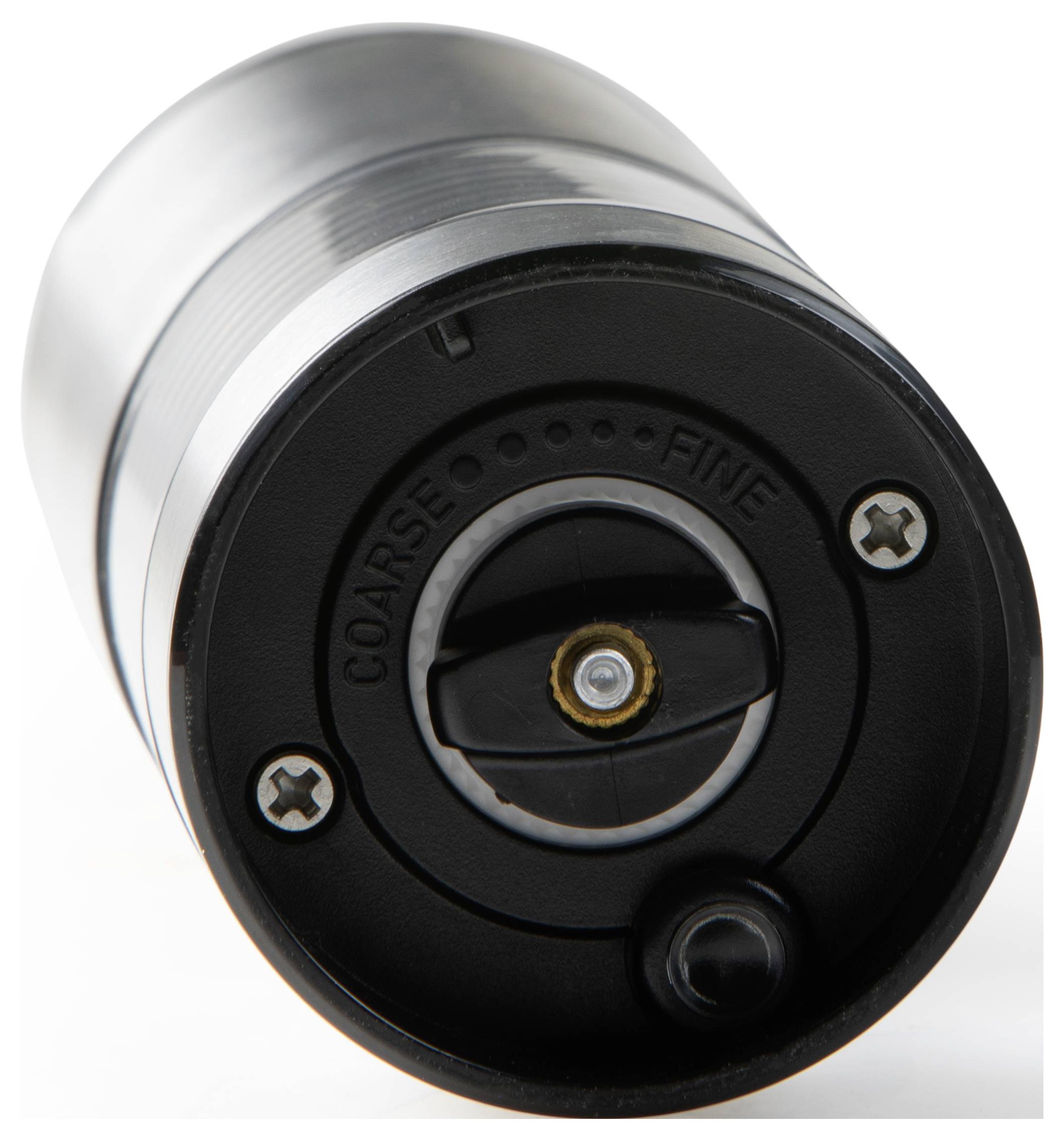 Ein schwarzes Gerät mit Einstellknopf für 'Grob' und 'Fein'. Wahrscheinlich ein Mahlwerk oder Grinder. Betrachtet von unten.