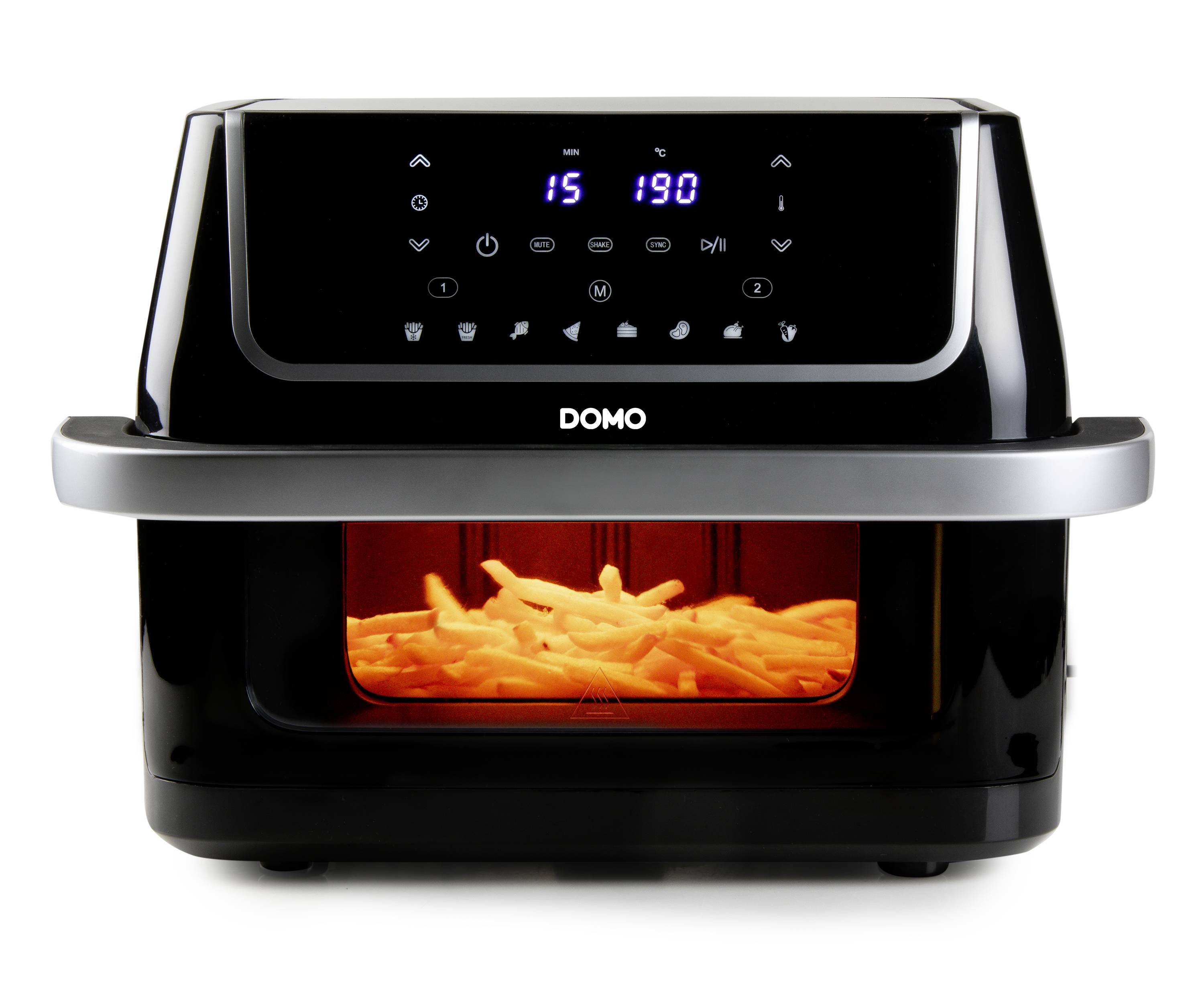 Ein schwarzer Heißluftfritteuse mit digitalem Display, zeigt Temperatur '190' und Zeit '15', mit Pommes im beleuchteten Innenraum.