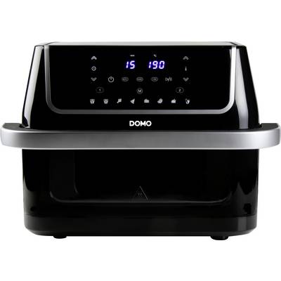 Schwarzer Airfryer mit digitalem Display zeigt '15 Minuten' und '190 Grad' an. Touch-Tasten darunter für Einstellungen.