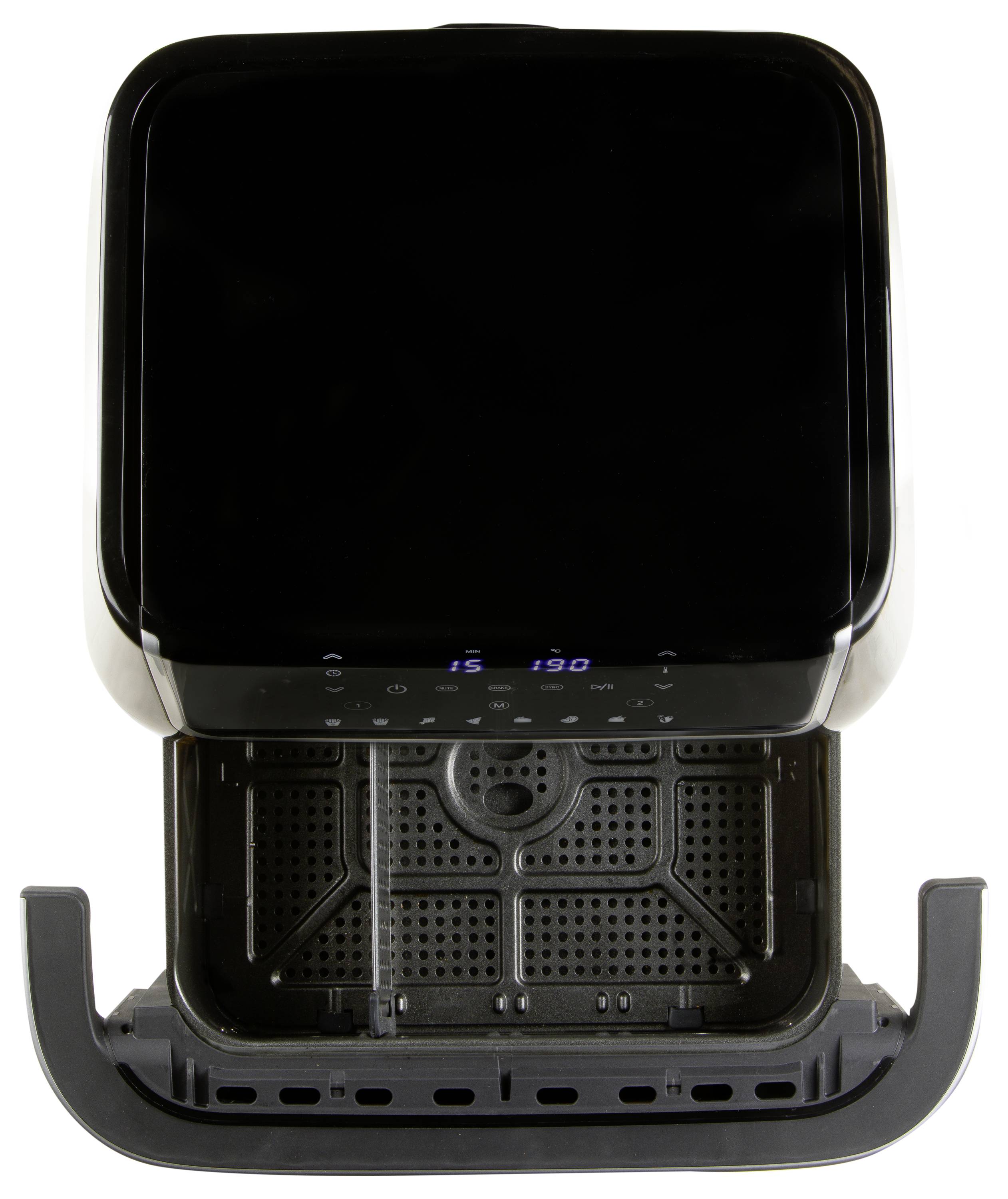 Eine geöffnete Heißluftfritteuse mit gezogenem Korb, bereit zum Befüllen und Kochen.