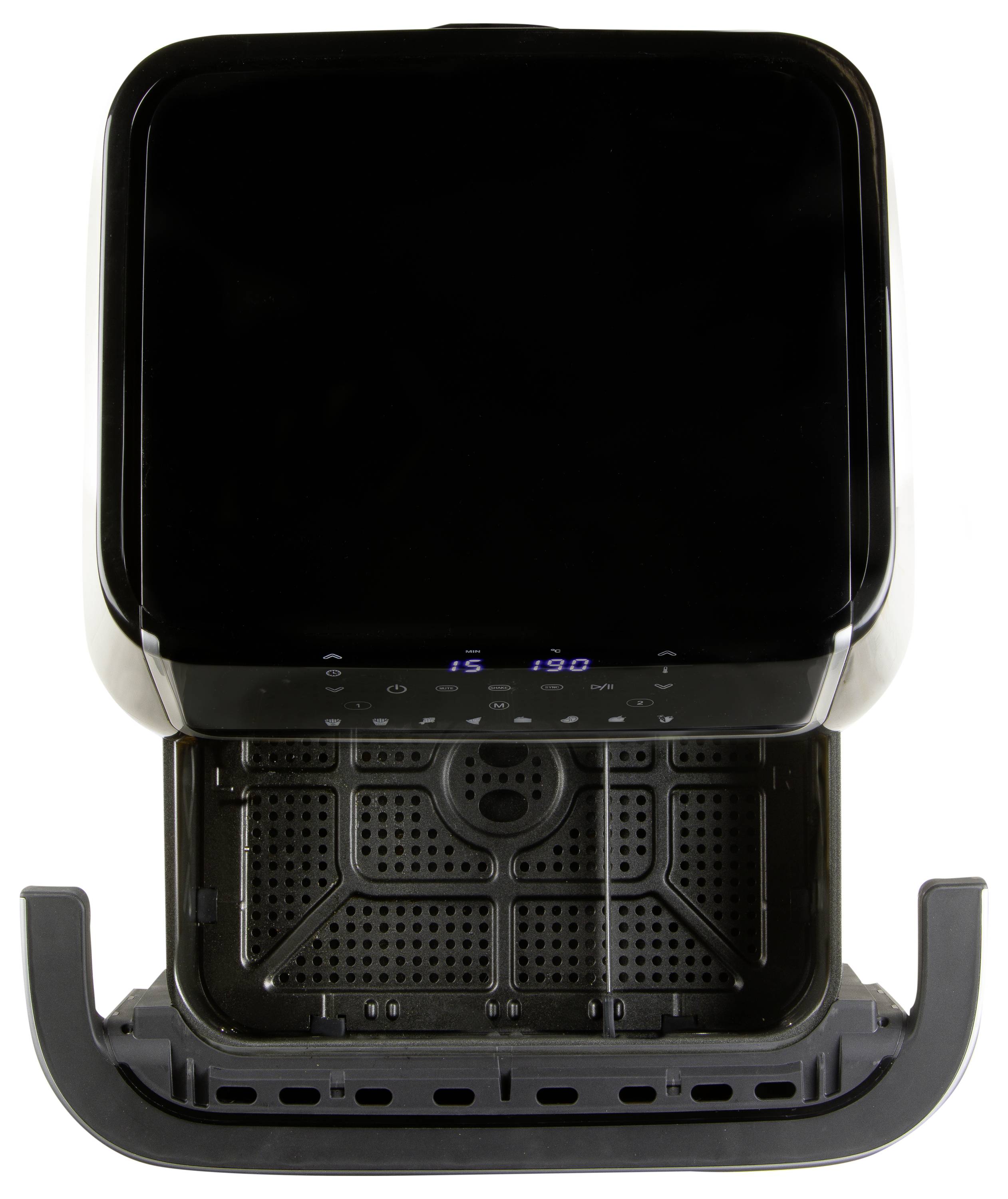 Eine schwarze Heißluftfritteuse von oben, mit geöffnetem Fach und digitalem Display an der Vorderseite.