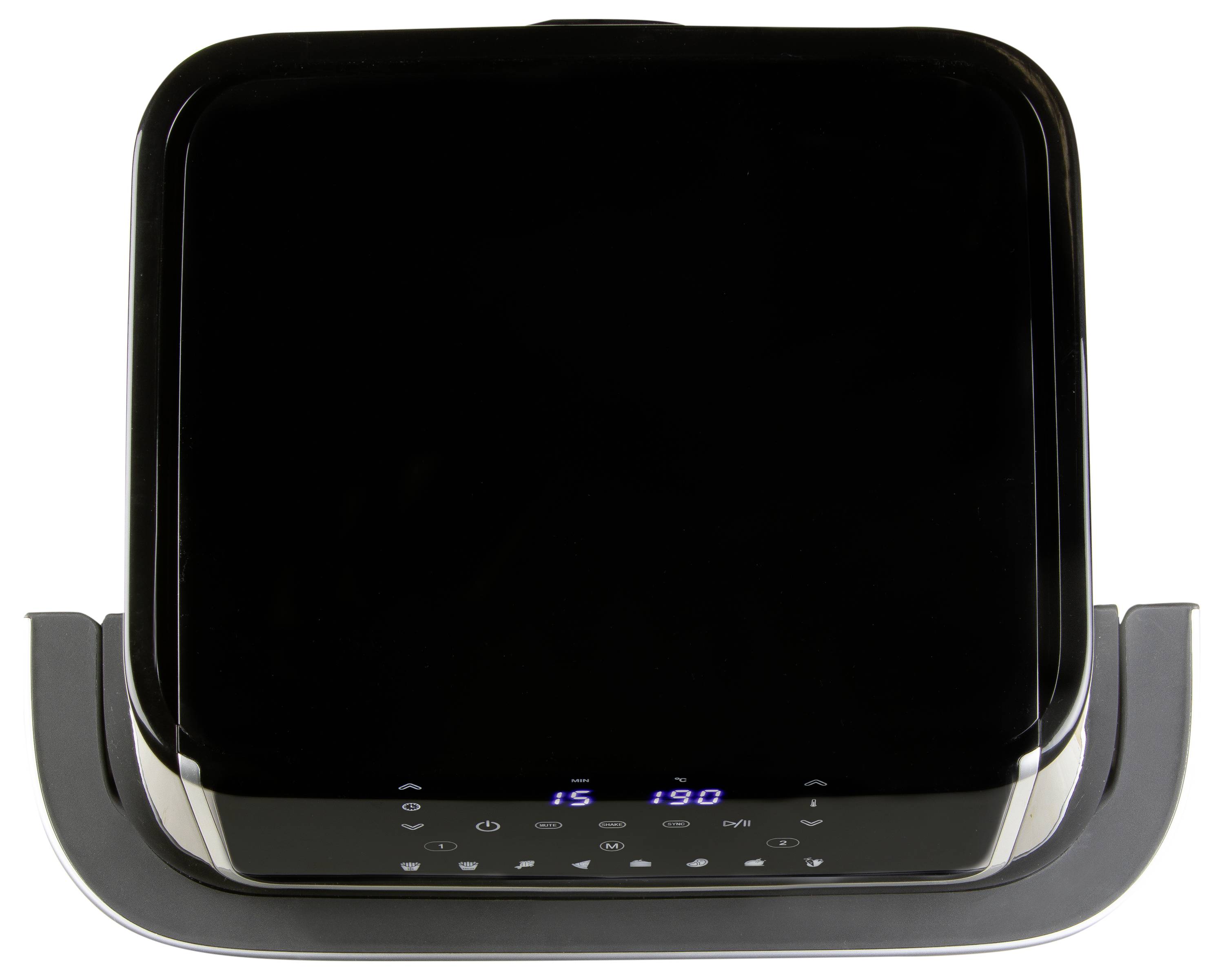 Eine schwarze digitale Küchenwaage mit einem leuchtenden Display, das '15' und '190' anzeigt. Ideal zum genauen Abwiegen von Zutaten.