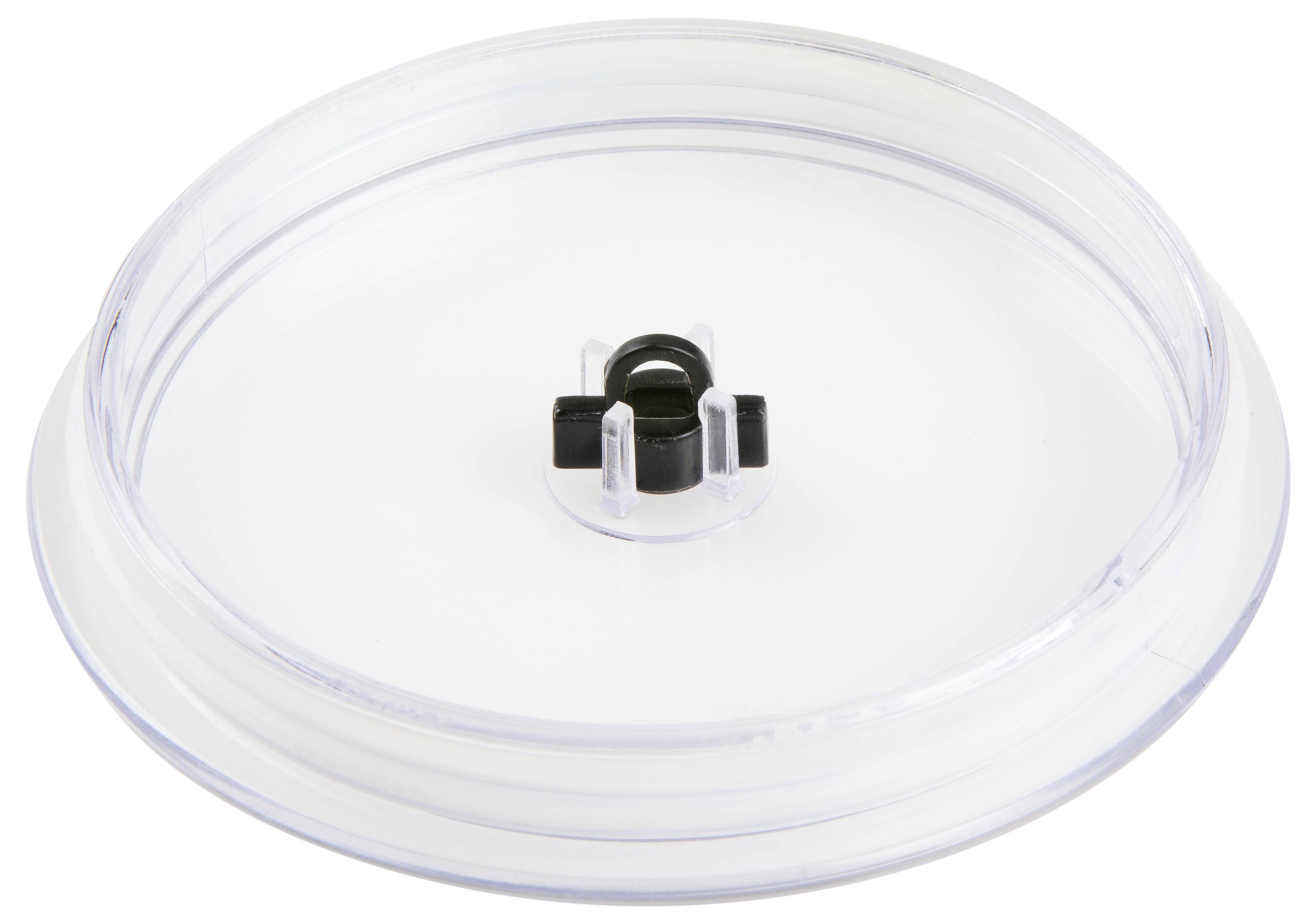 Transparenter, runder Kunststoffdeckel mit einem schwarzen Kunststoffverschluss in der Mitte, auf einer weißen Oberfläche.