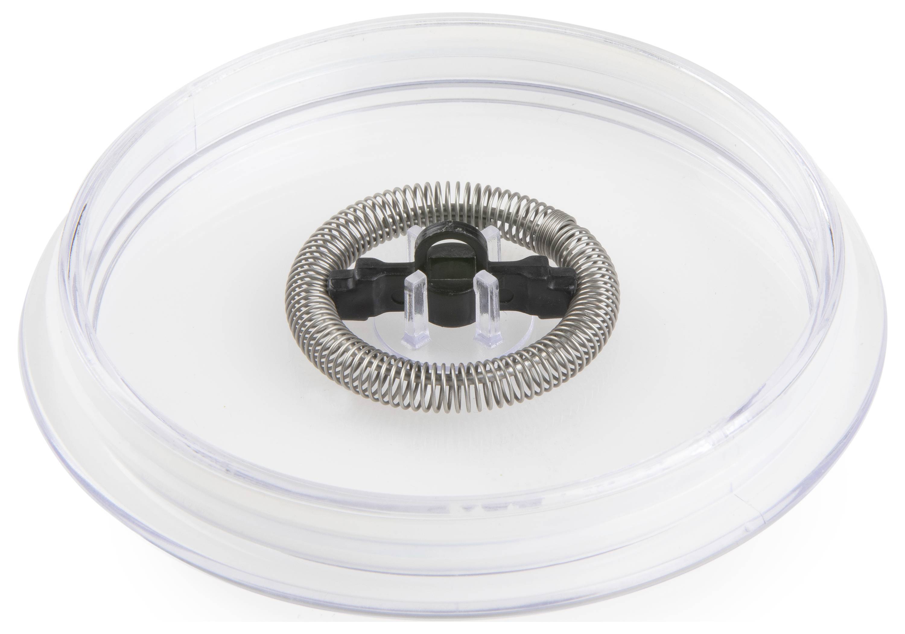 Ein transparenter Deckel mit einer integrierten Metallspirale auf der Innenseite, wahrscheinlich Teil eines Küchengeräts.