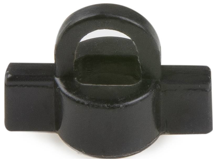 Ein schwarzes, metallisches Bauteil mit einem U-förmigen Griff in der Mitte; sieht aus wie ein Verschluss oder eine Halterung.