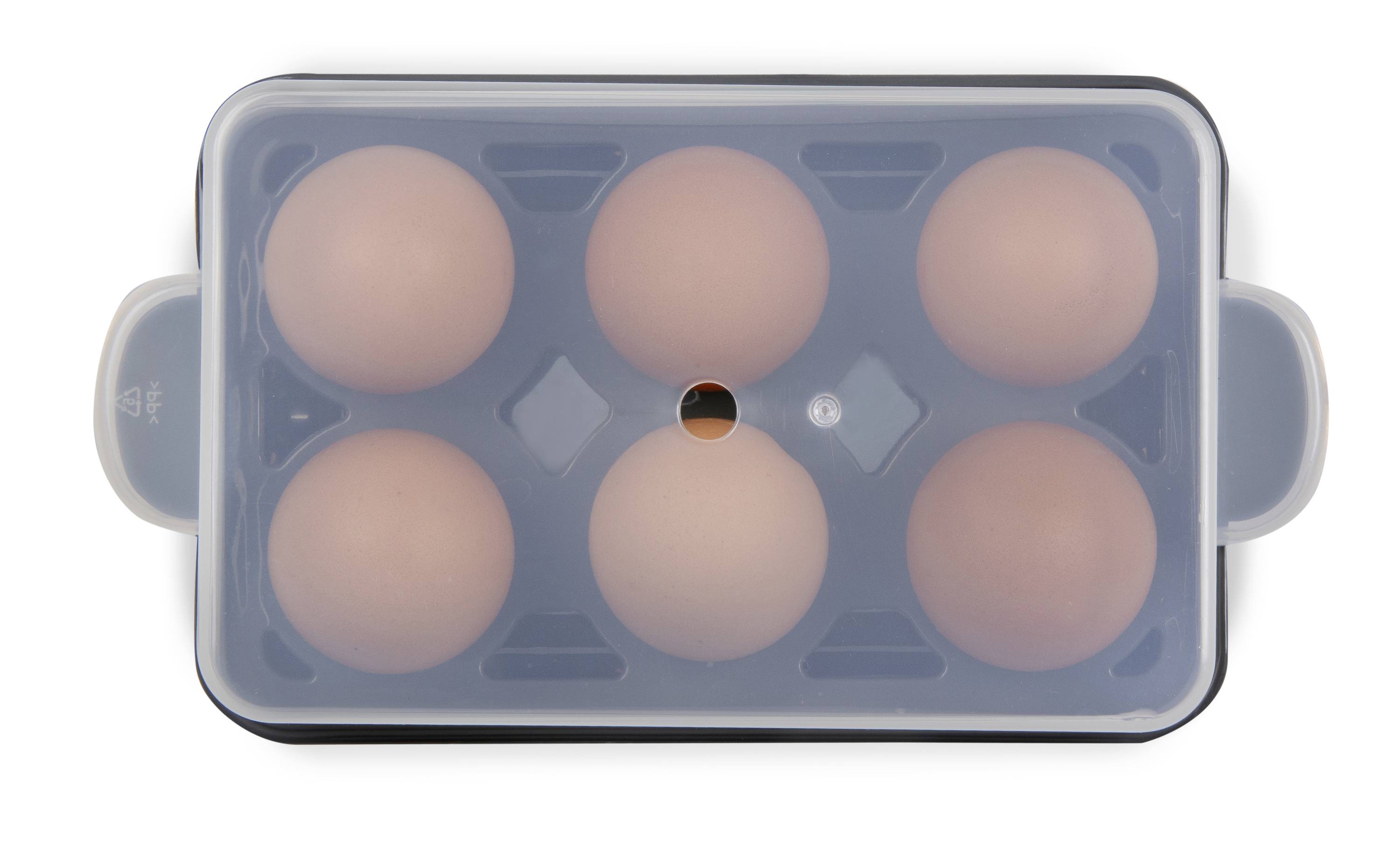 Sechs Eier in einer durchsichtigen Plastikbox, von oben betrachtet.