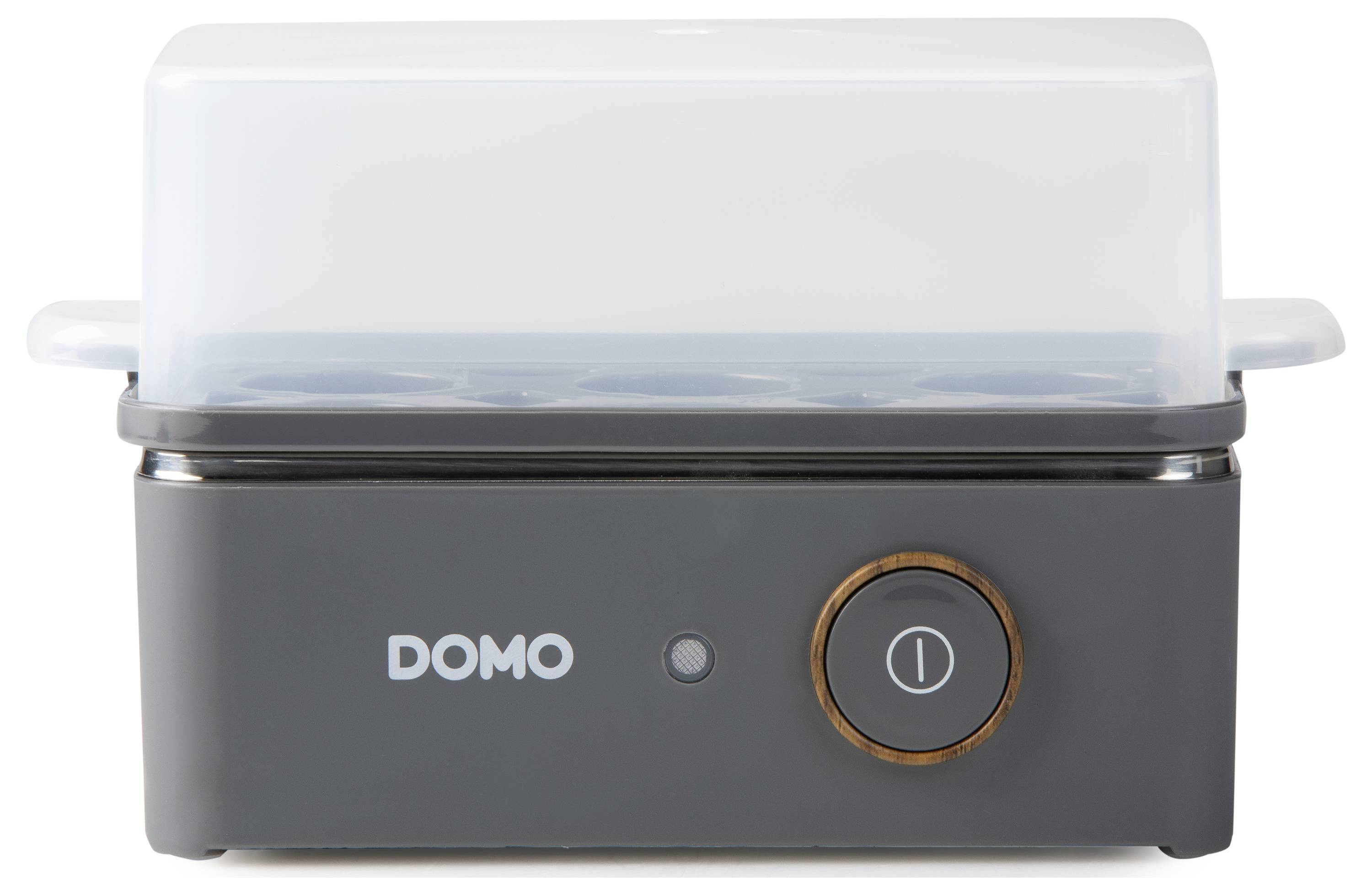 Ein schwarzer Eierkocher mit einem durchsichtigen Deckel. Auf der Vorderseite befindet sich ein Einschaltknopf und das Logo 'DOMO'.