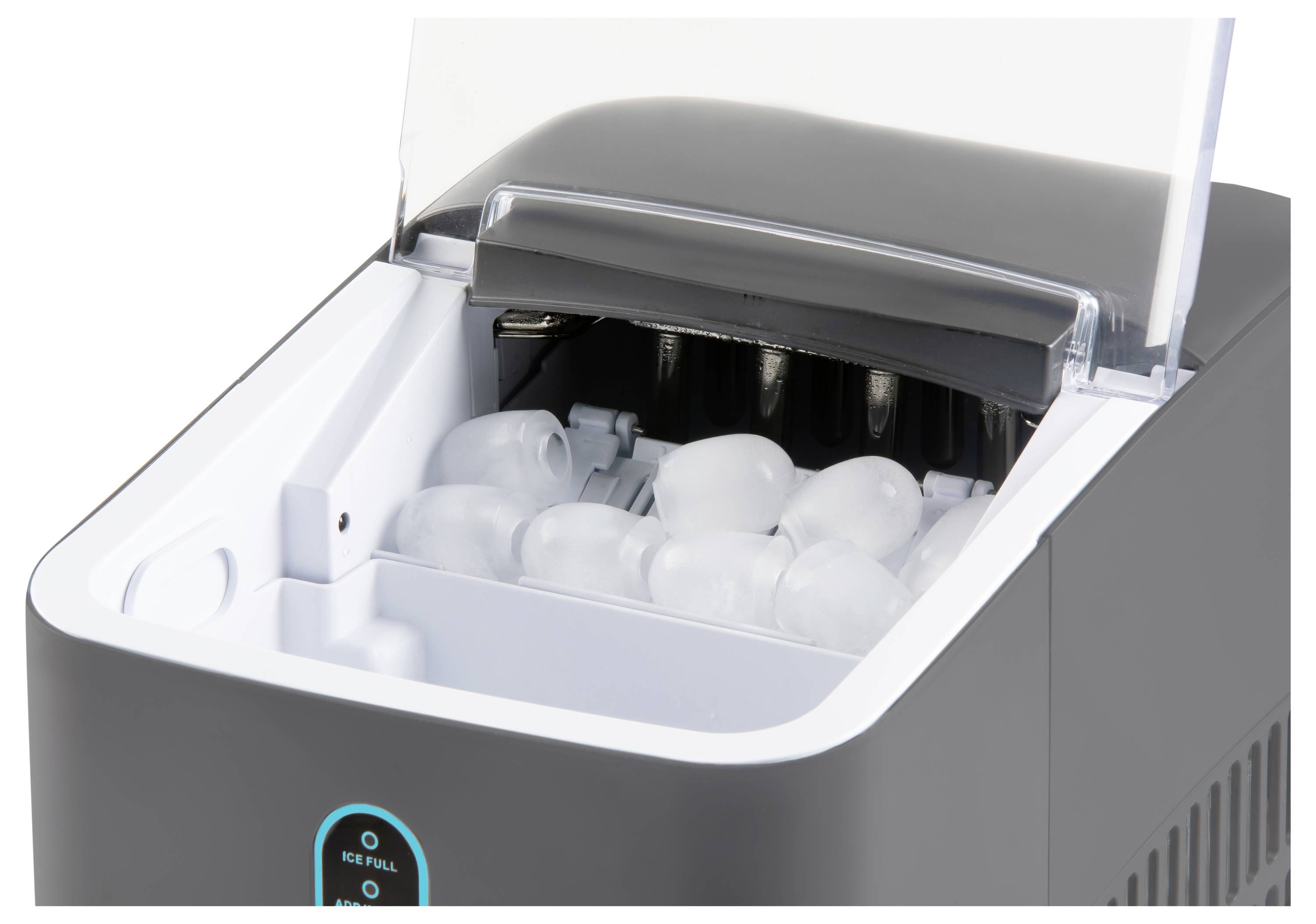Kompakte Eismaschine mit geöffnetem Deckel, zeigt fertige Eiswürfel im Behälter. Ideal für schnelle Eisproduktion zu Hause.