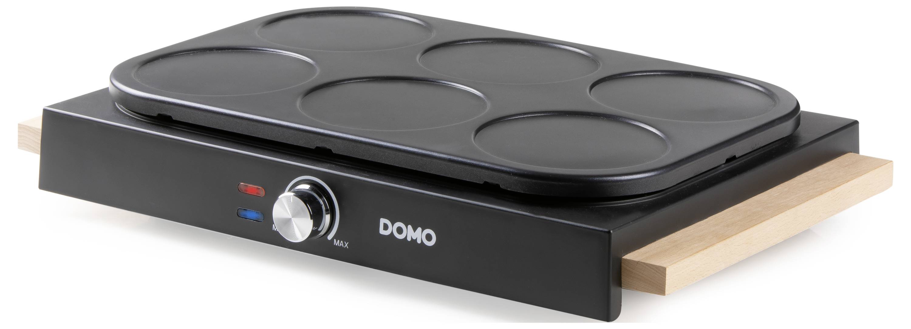 Elektrisches Crêpes-Gerät mit fünf runden Backplatten, Temperaturregler und Holzgriffen, dient zur gleichzeitigen Zubereitung mehrerer Crêpes.