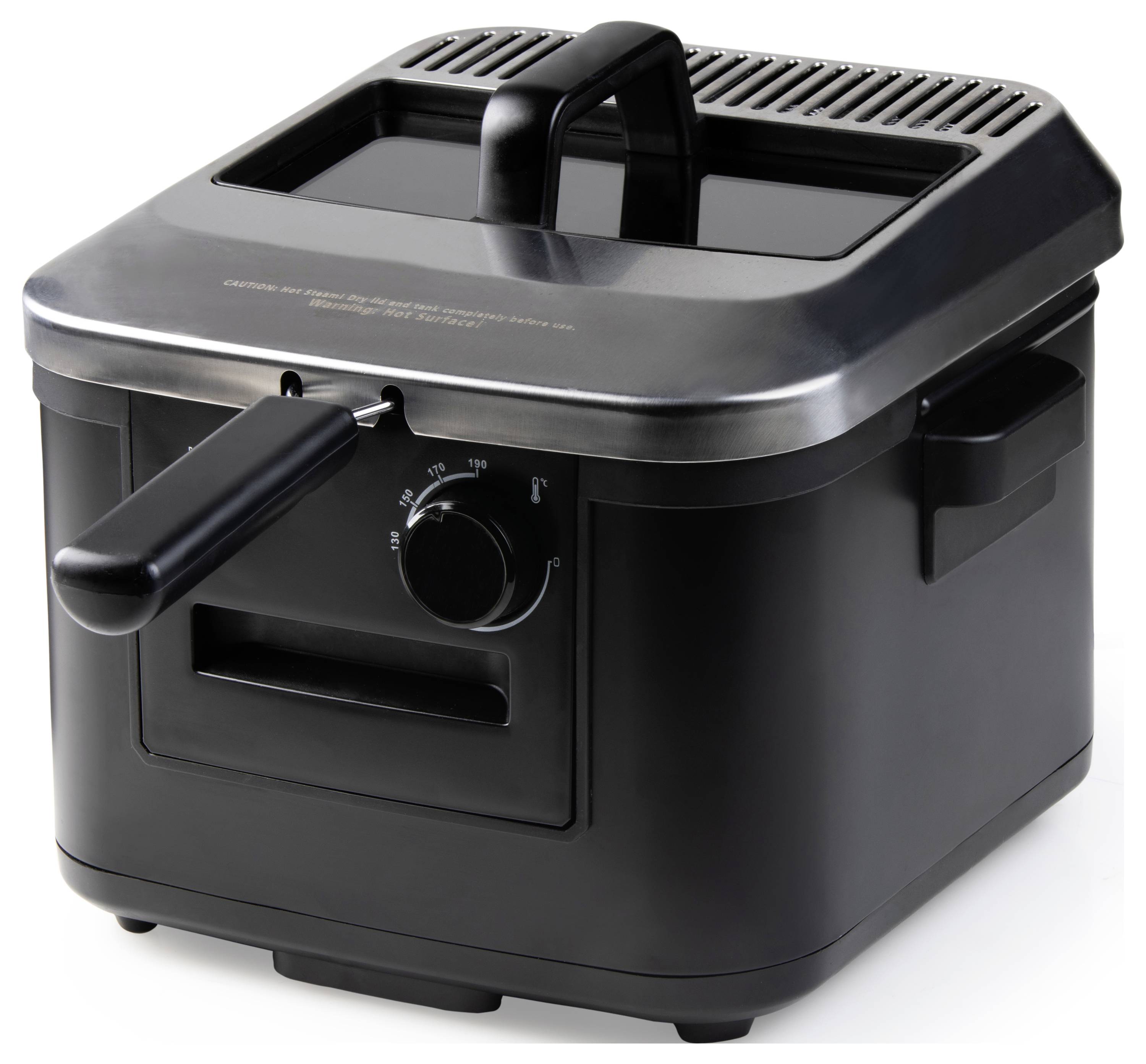 Schwarzer, quadratischer Fritteusentopf mit Griff und Temperaturregler an der Vorderseite. Ideal fürs Frittieren zu Hause.