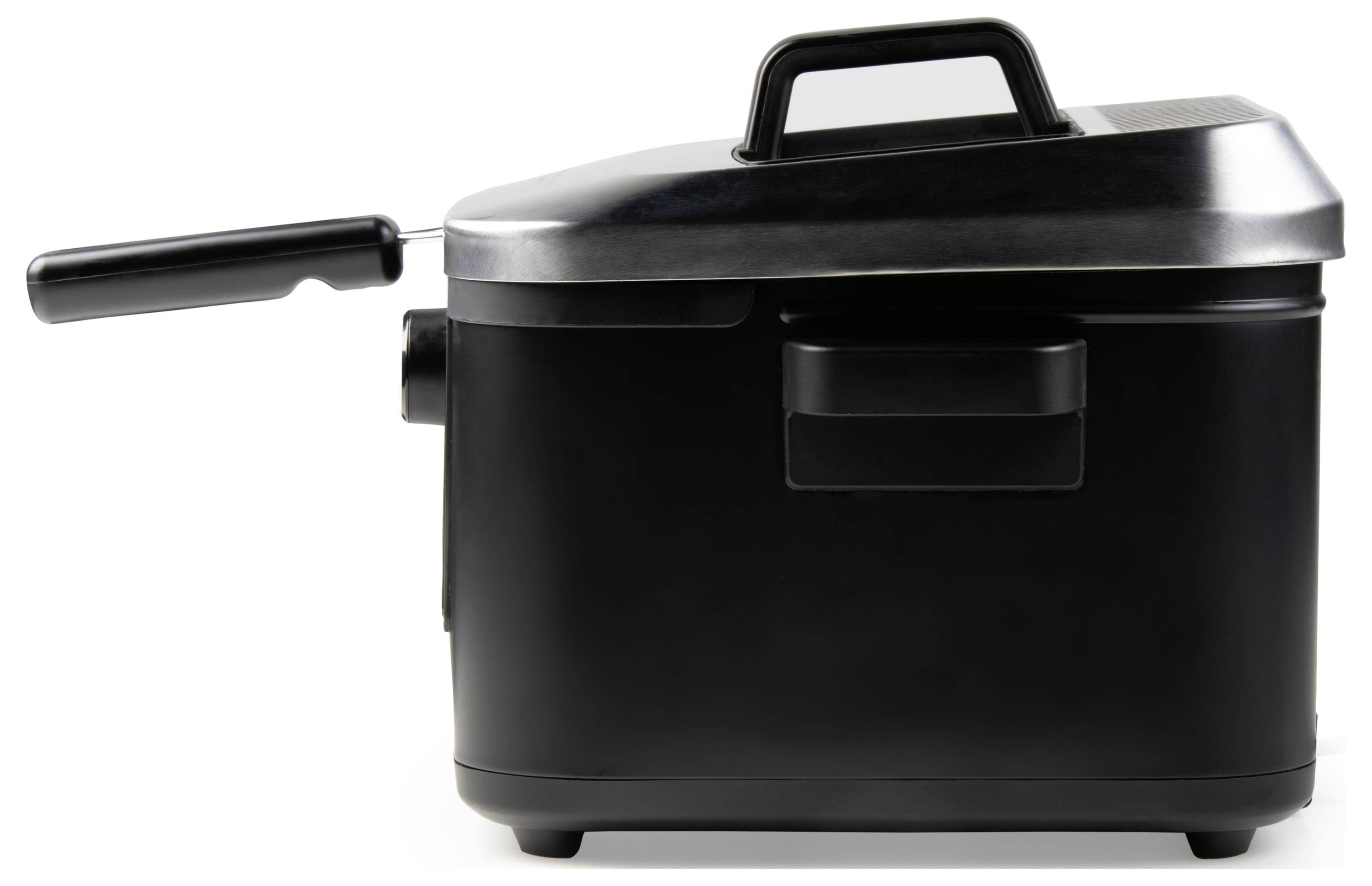 Schwarze Fritteuse mit Deckel und langem Griff, seitlich abgebildet. Geeignet zum Frittieren von Speisen.