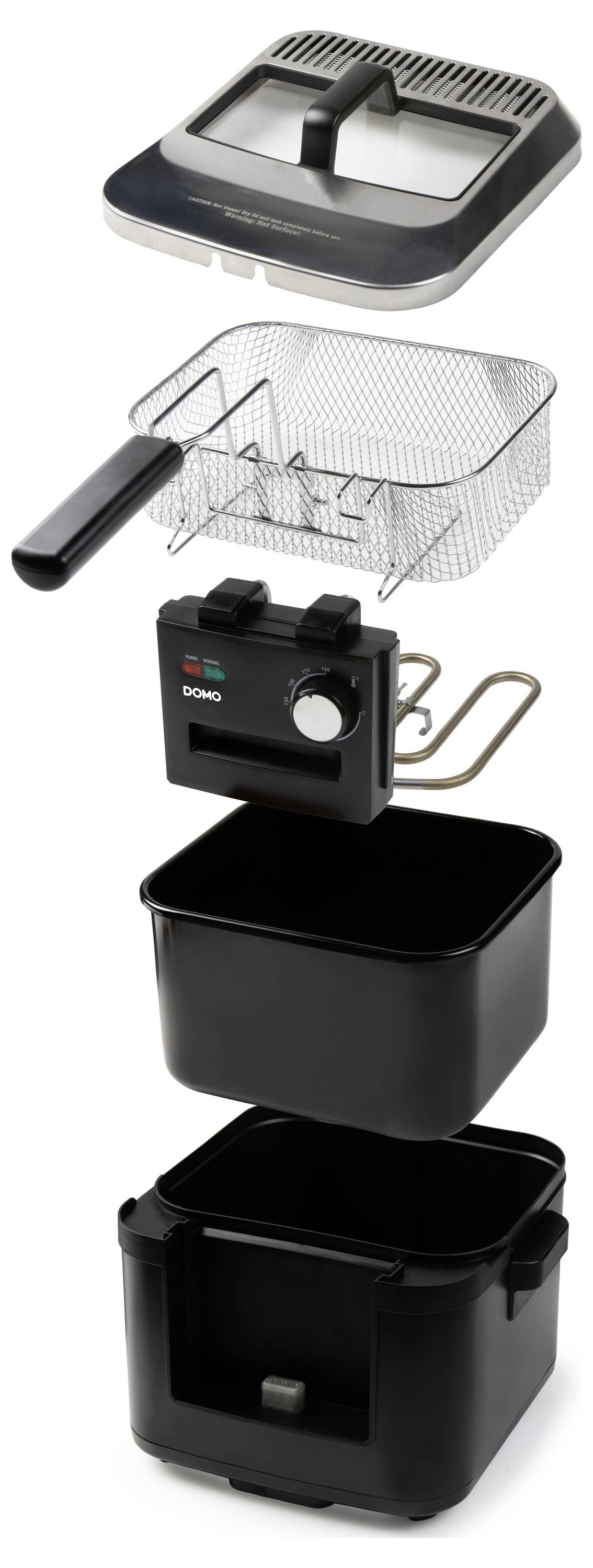 Fritteuse in Einzelteilen: Deckel, Frittierkorb, Thermostat, Behälter, Gehäuse. Jedes Teil separat dargestellt.