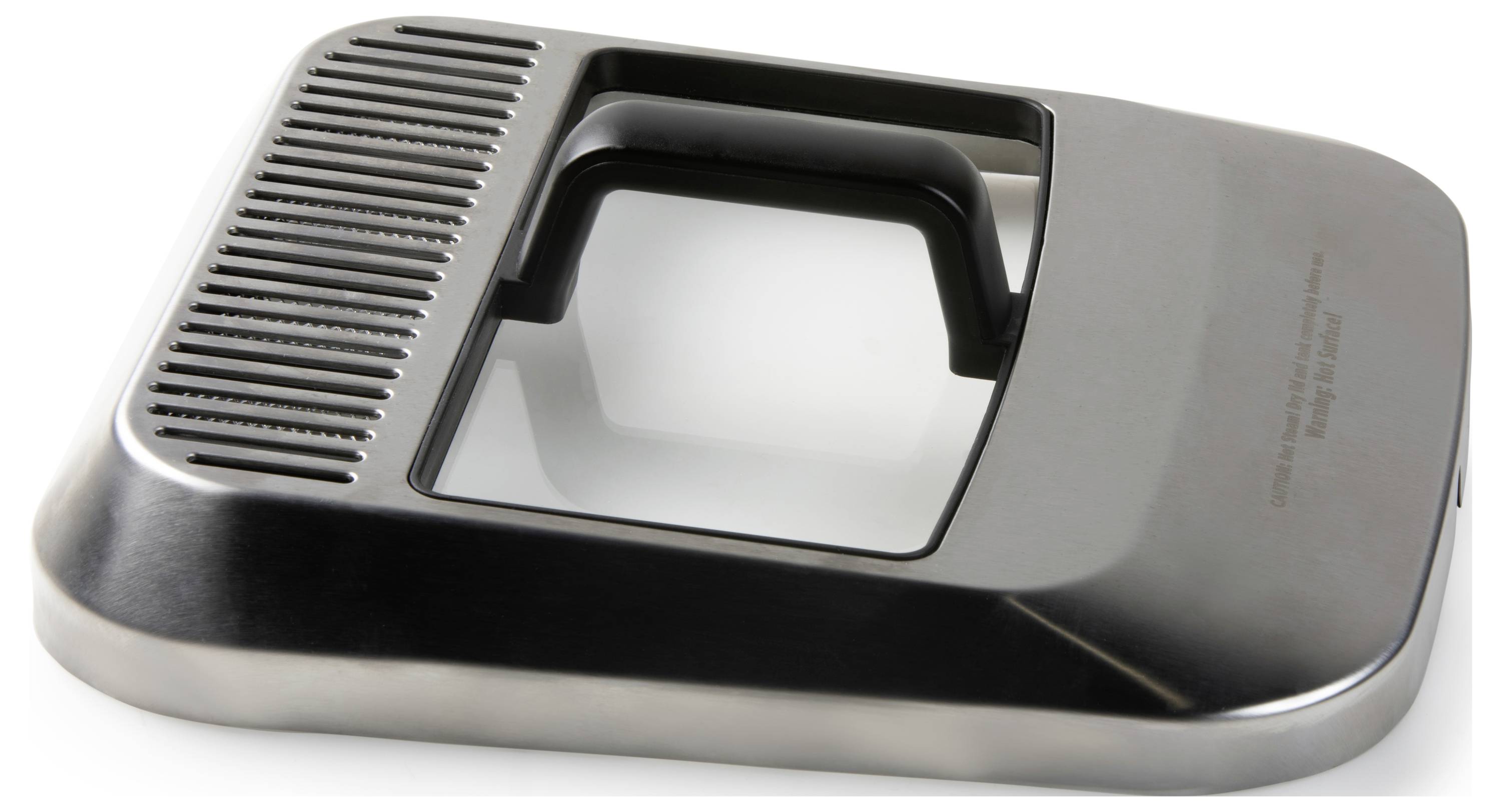 Ein rechteckiges, silbernes Küchengerät mit Griff und Lüftungsschlitzen auf der Oberseite, vermutlich ein Teil eines Entsafters.