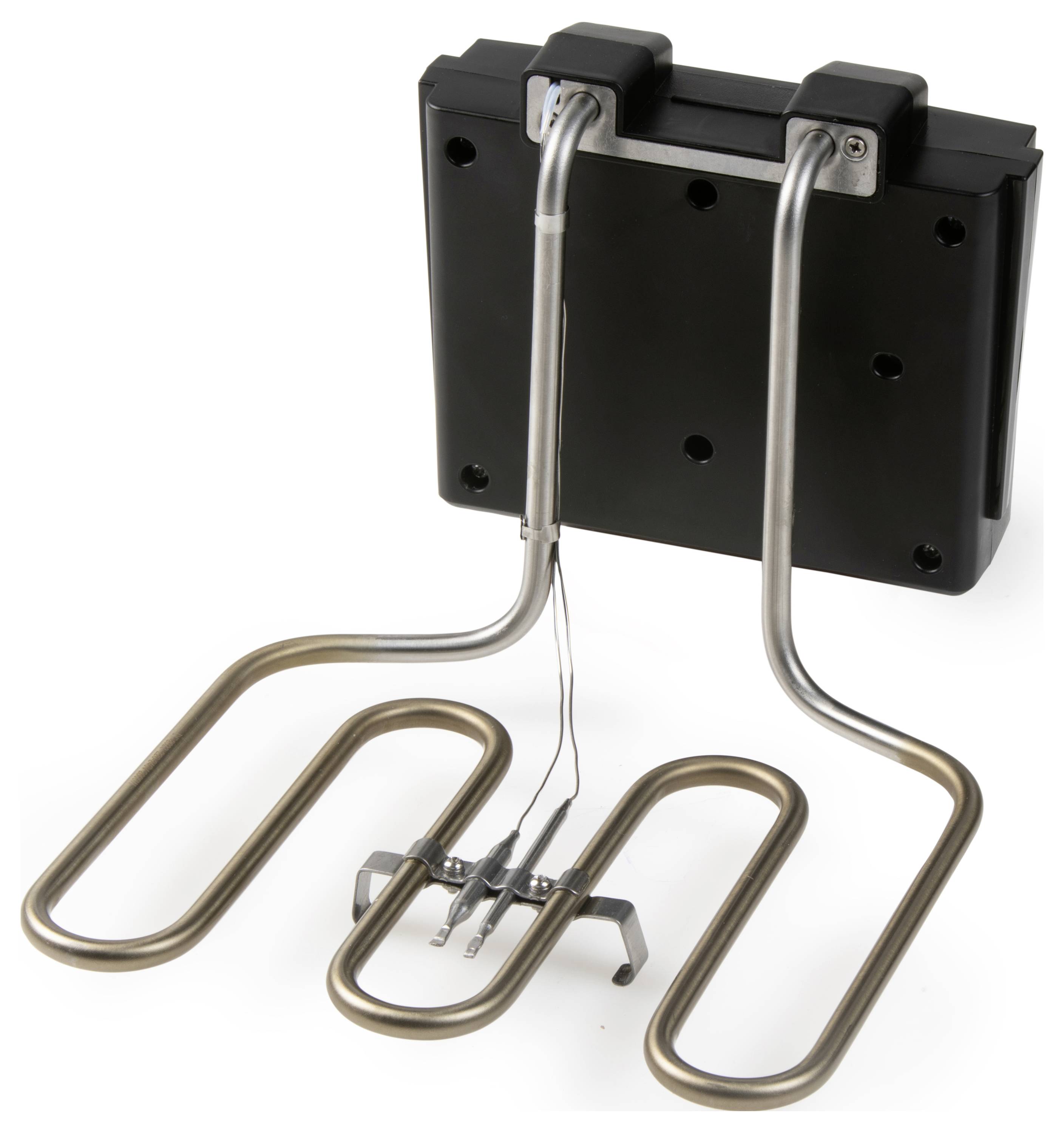 Ein Metallheizelement mit gebogenen Röhren und Anschlüssen, montiert auf einer schwarzen Halterung. Geeignet für technische Anwendungen.