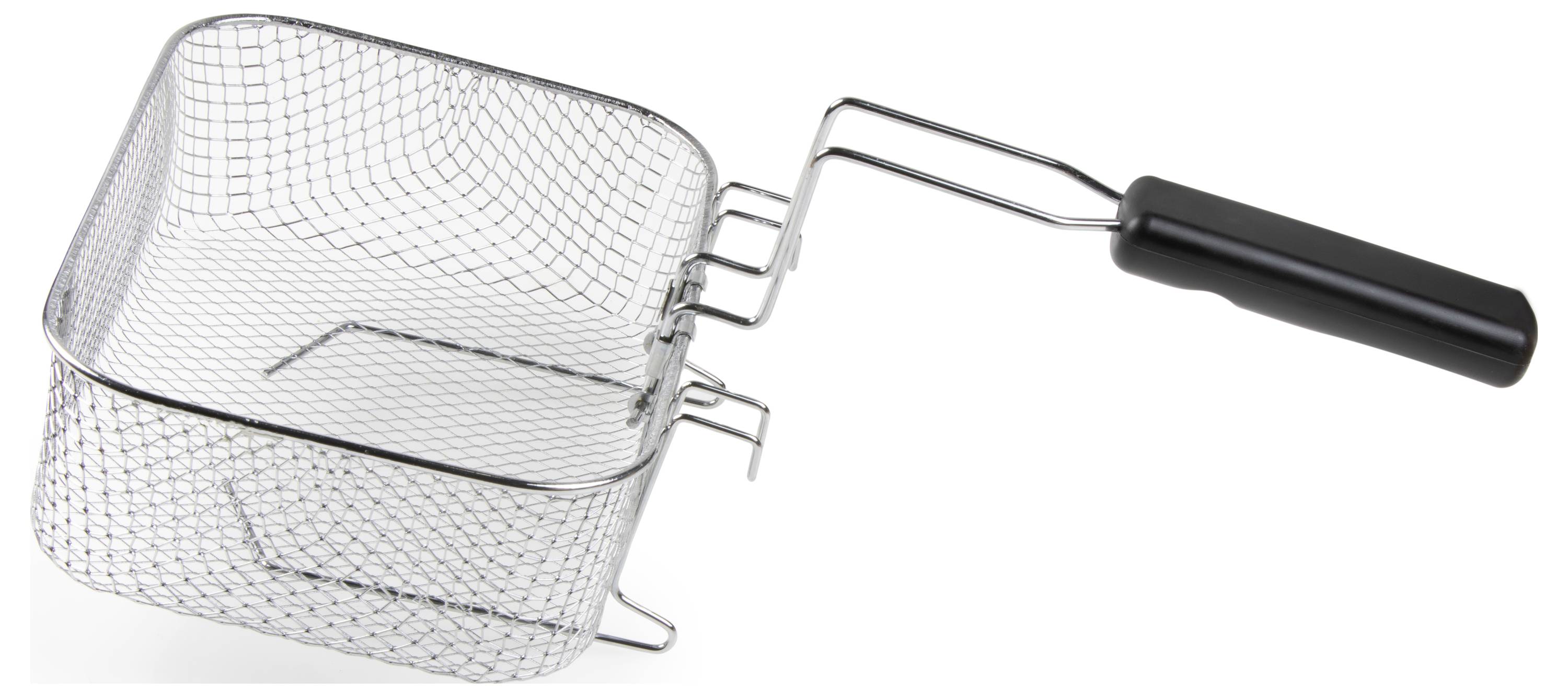 Ein quadratischer Frittierkorb aus Metall mit einem schwarzen Griff, geeignet zum Frittieren von Lebensmitteln in heißem Öl.