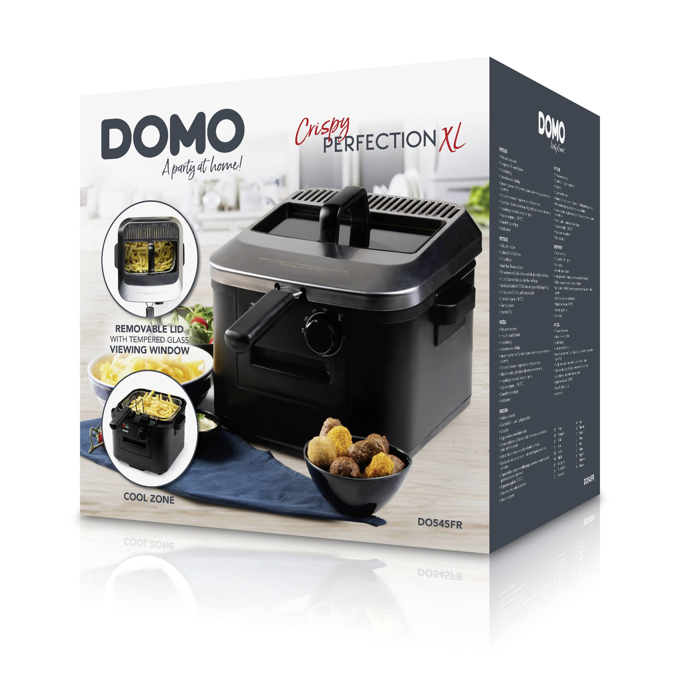 'Luftfritteuse Domo DO545FR, schwarze Farbe, zeigt herausnehmbare Schüssel und Cool-Zone-Funktion. Verpackung mit Bildern und Informationen.'