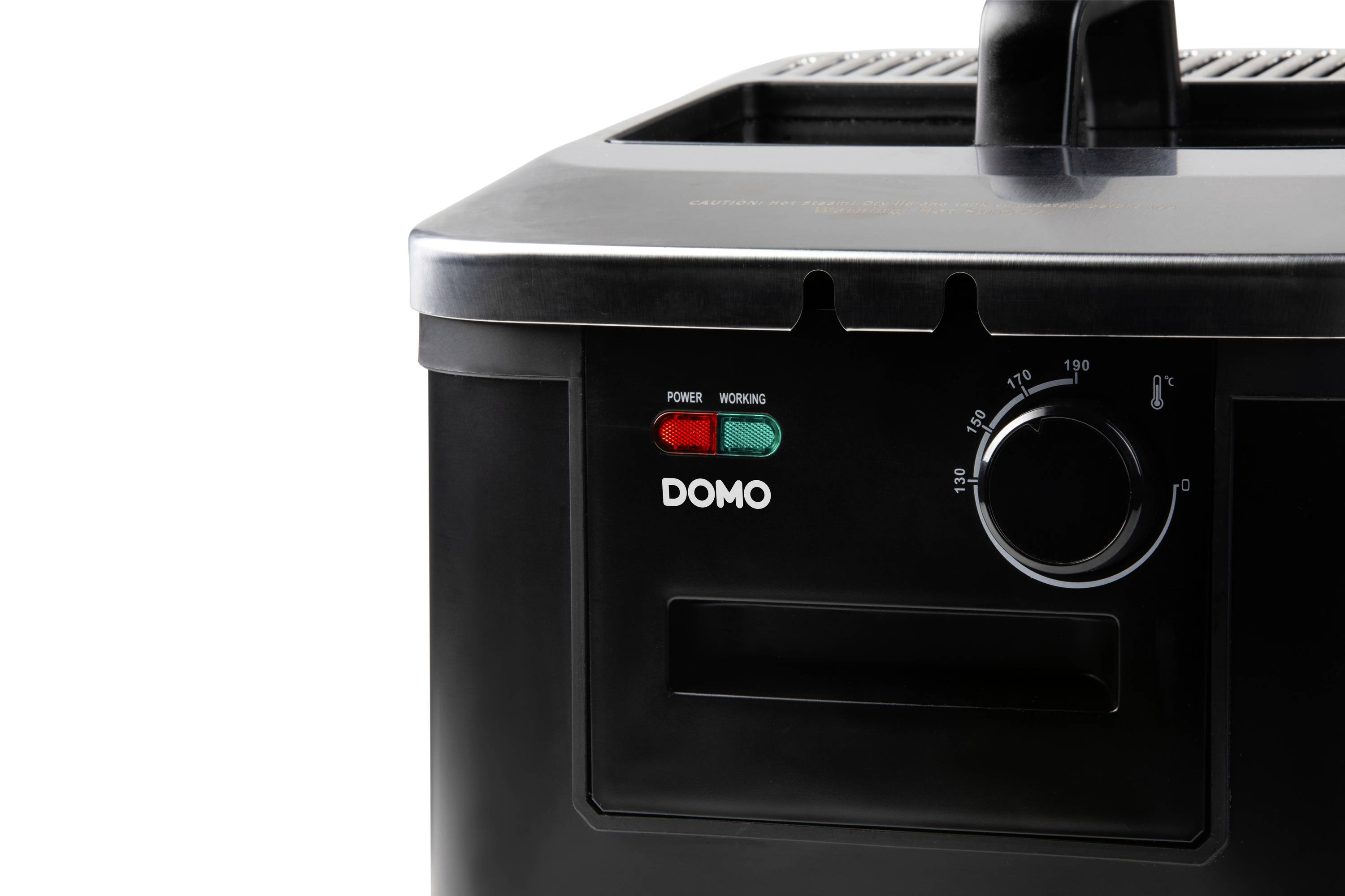 Teilansicht einer schwarzen Fritteuse mit Kontrollleuchten und Temperaturregler. Markenname 'DOMO' sichtbar.
