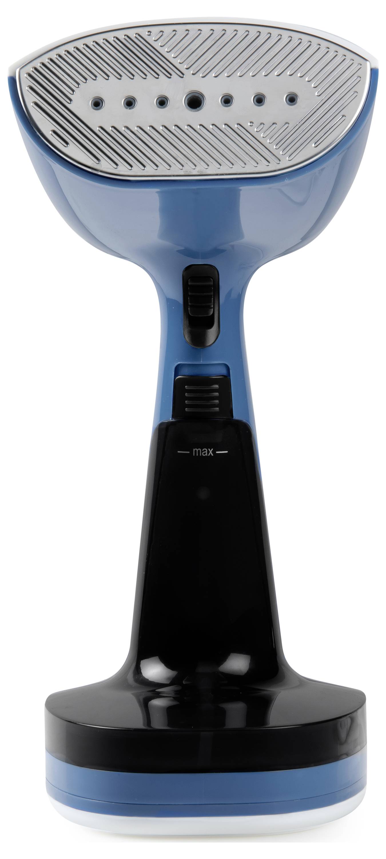 Ein blauer Dampfbürste mit Edelstahlsohle, Dampflöcher oben, vertikal aufgestellt. Ideal zum schnellen Glätten von Kleidung.