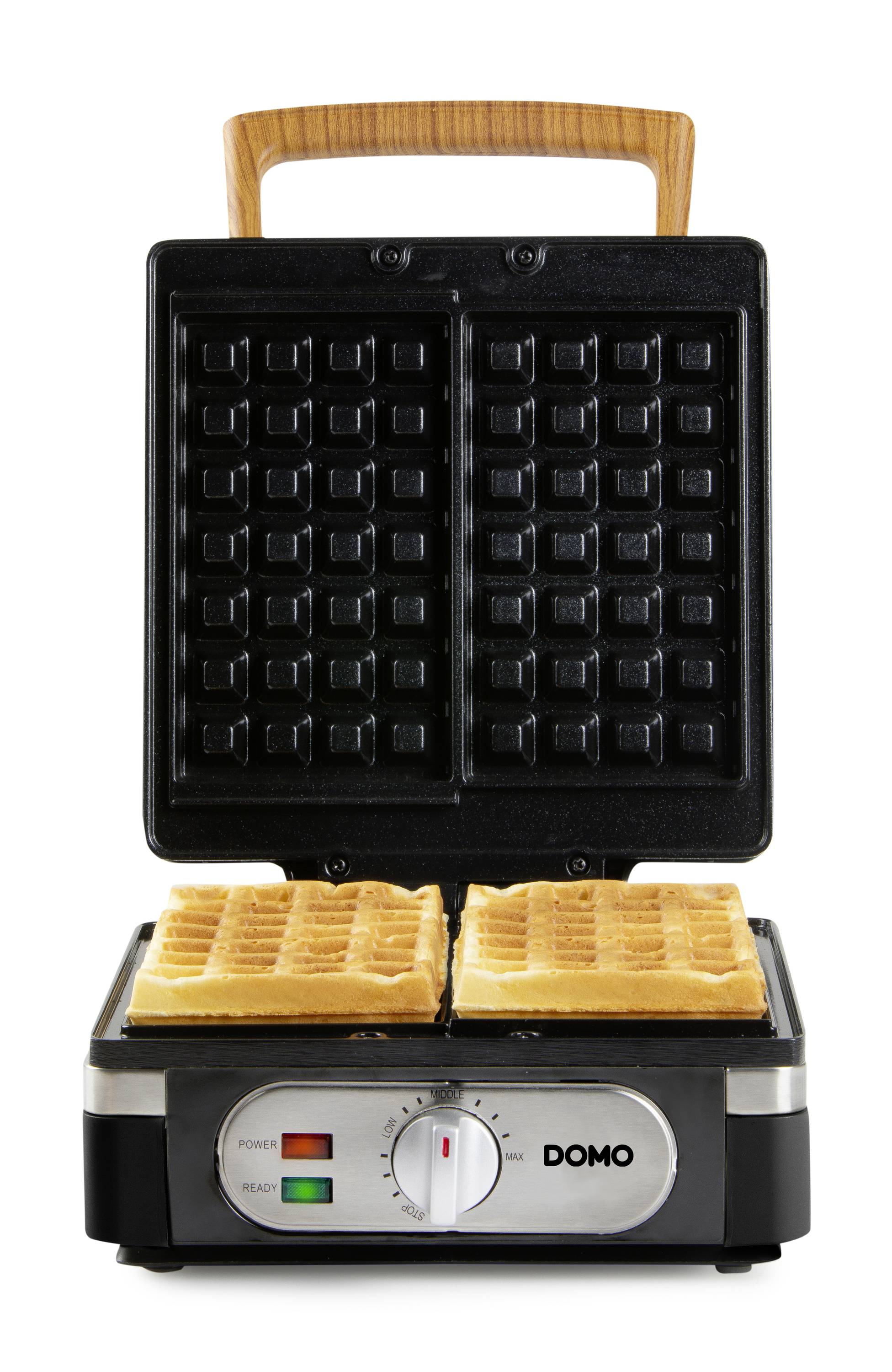 Ein Waffeleisen mit geöffneter Platte und zwei Waffeln darin. Es hat einen Holzeffekt-Griff und Bedienelemente an der Vorderseite.