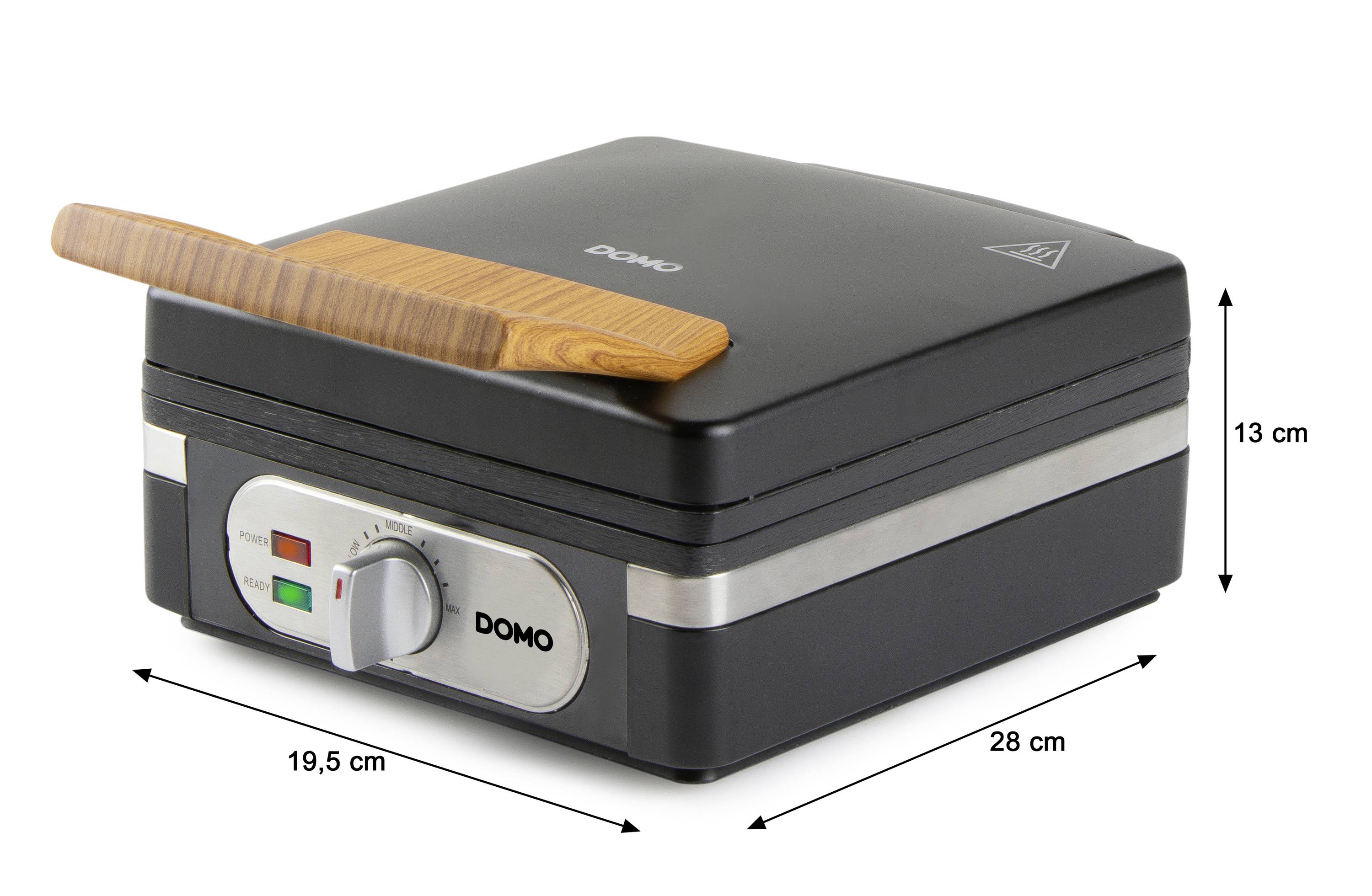 Schwarzer, rechteckiger Waffelautomat mit Holzgriff und Temperaturregler. Abmessungen: 28 cm breit, 19,5 cm tief, 13 cm hoch.