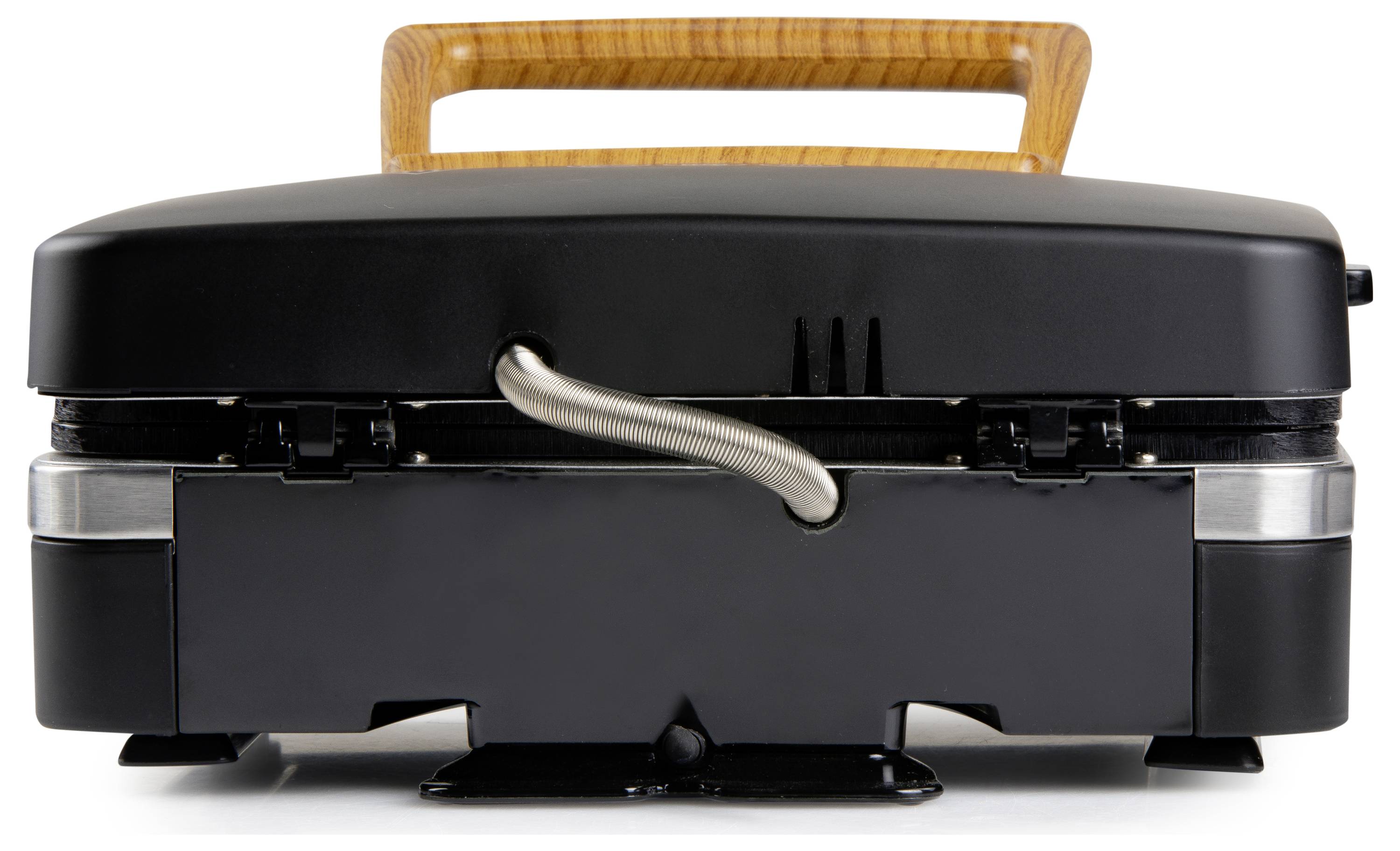 Ein geschlossener Kontaktgrill aus schwarzem Metall mit Holzgriff. Die Vorderseite ist sichtbar mit einem silbernen Lüftungsschlauch.