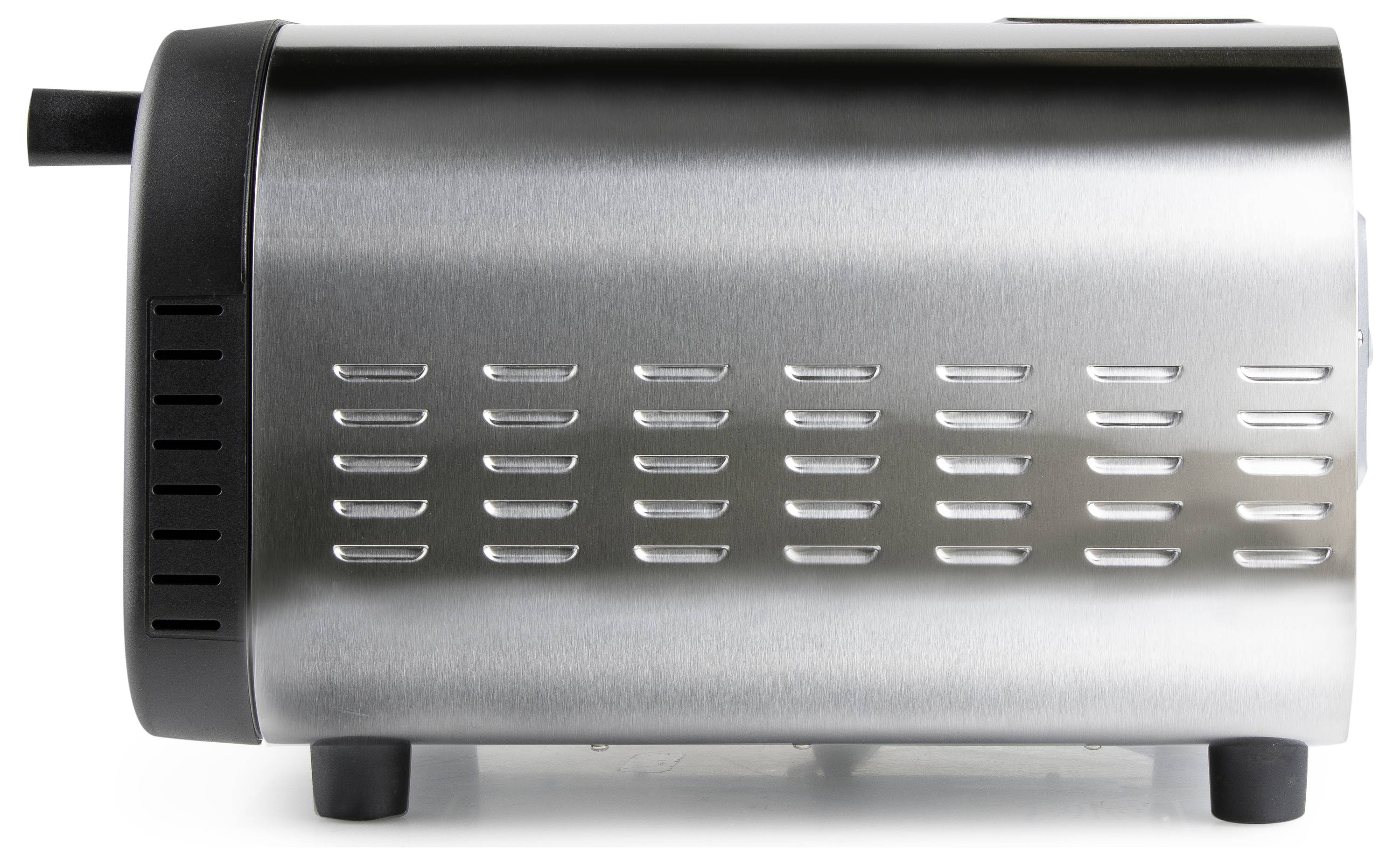 Seitenansicht eines silbernen Toasters mit schwarzem Hebel auf weißem Hintergrund. Der Toaster hat Lüftungsschlitze zur Wärmeabfuhr.