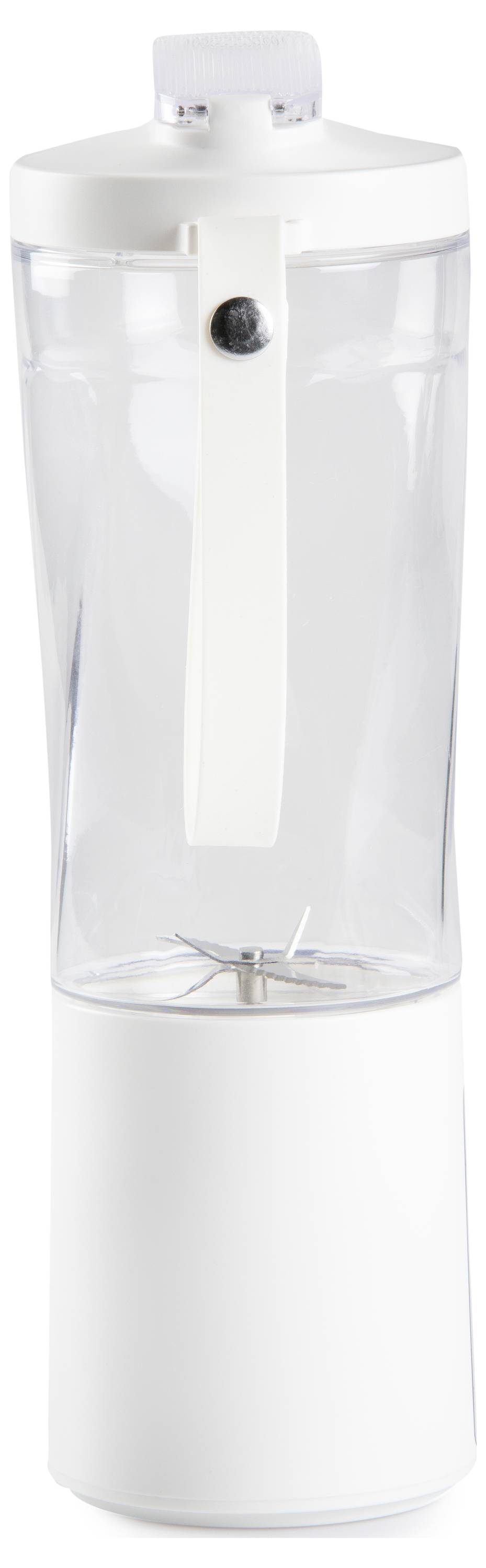 Ein weißer, tragbarer Mixer mit transparentem Behälter, der zum Mixen von Getränken verwendet wird. Ideal für unterwegs oder kleine Küchen.