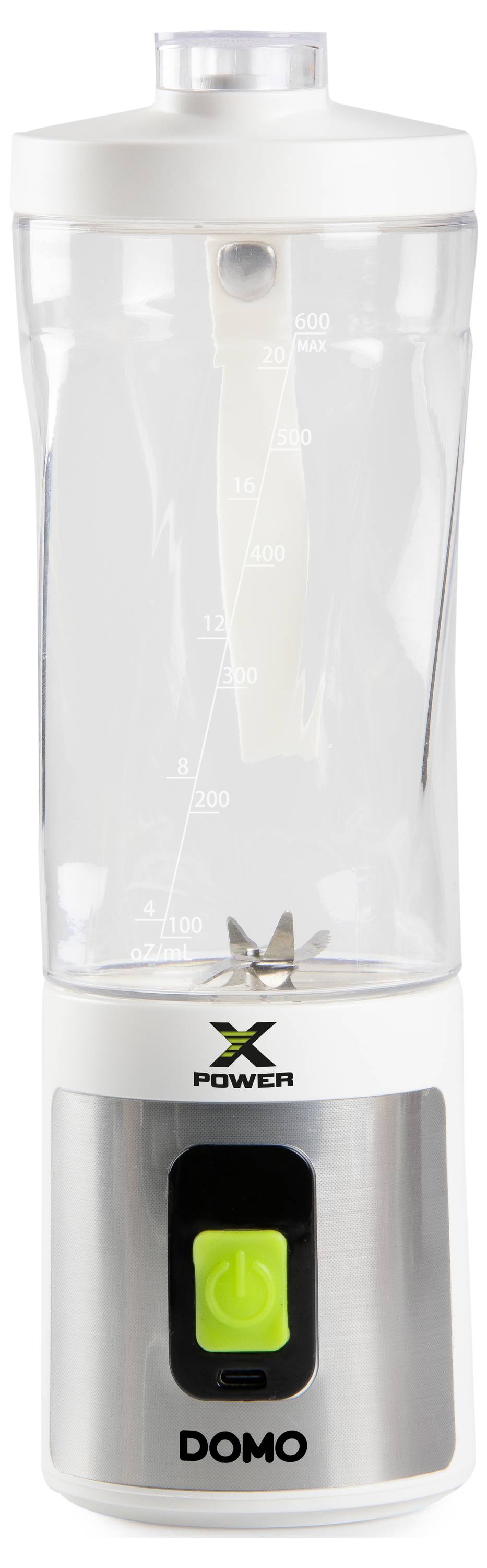 Ein elektrischer Standmixer mit transparentem Behälter und Skala. Der Mixer hat einen grünen Einschaltknopf und ist kompakt gestaltet.