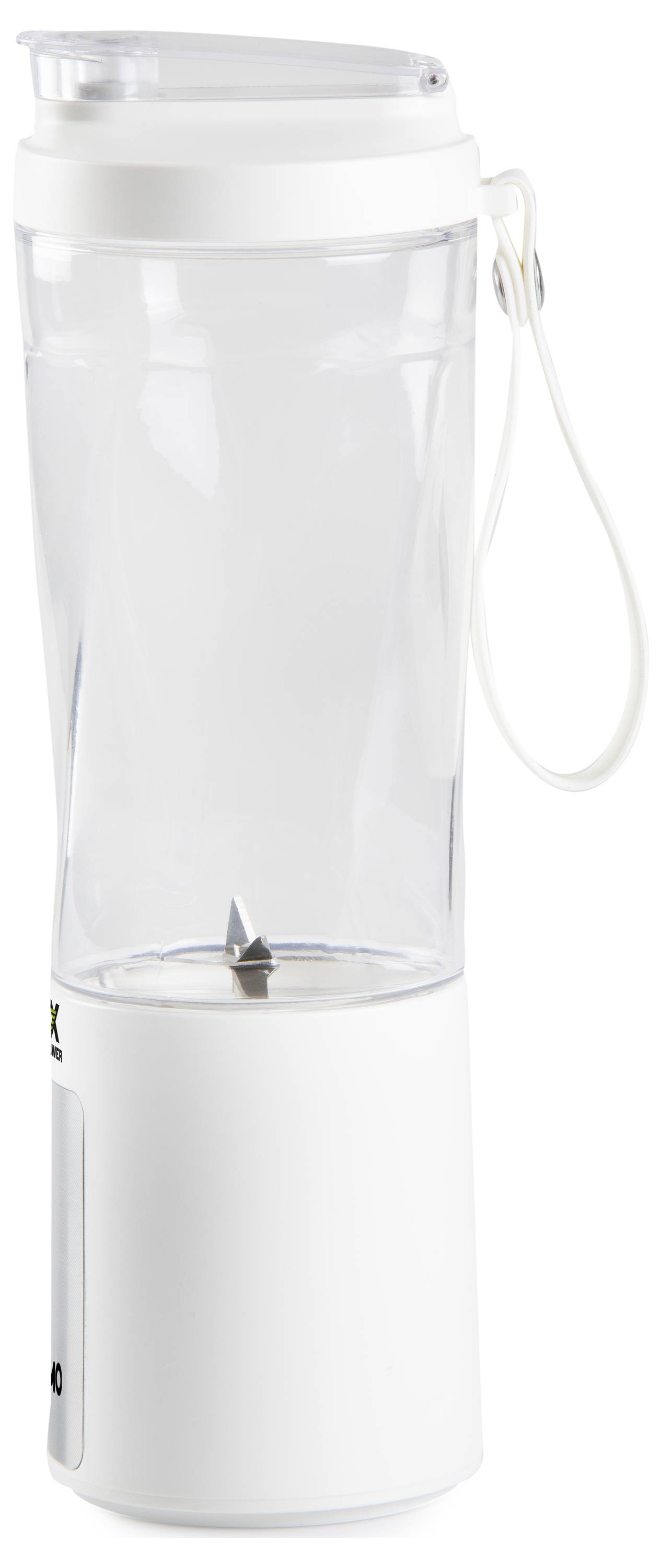 Tragbarer Mixer mit weißem Gehäuse und transparentem Behälter, ausgestattet mit einem Griff und Klingen im Inneren. Ideal für unterwegs.