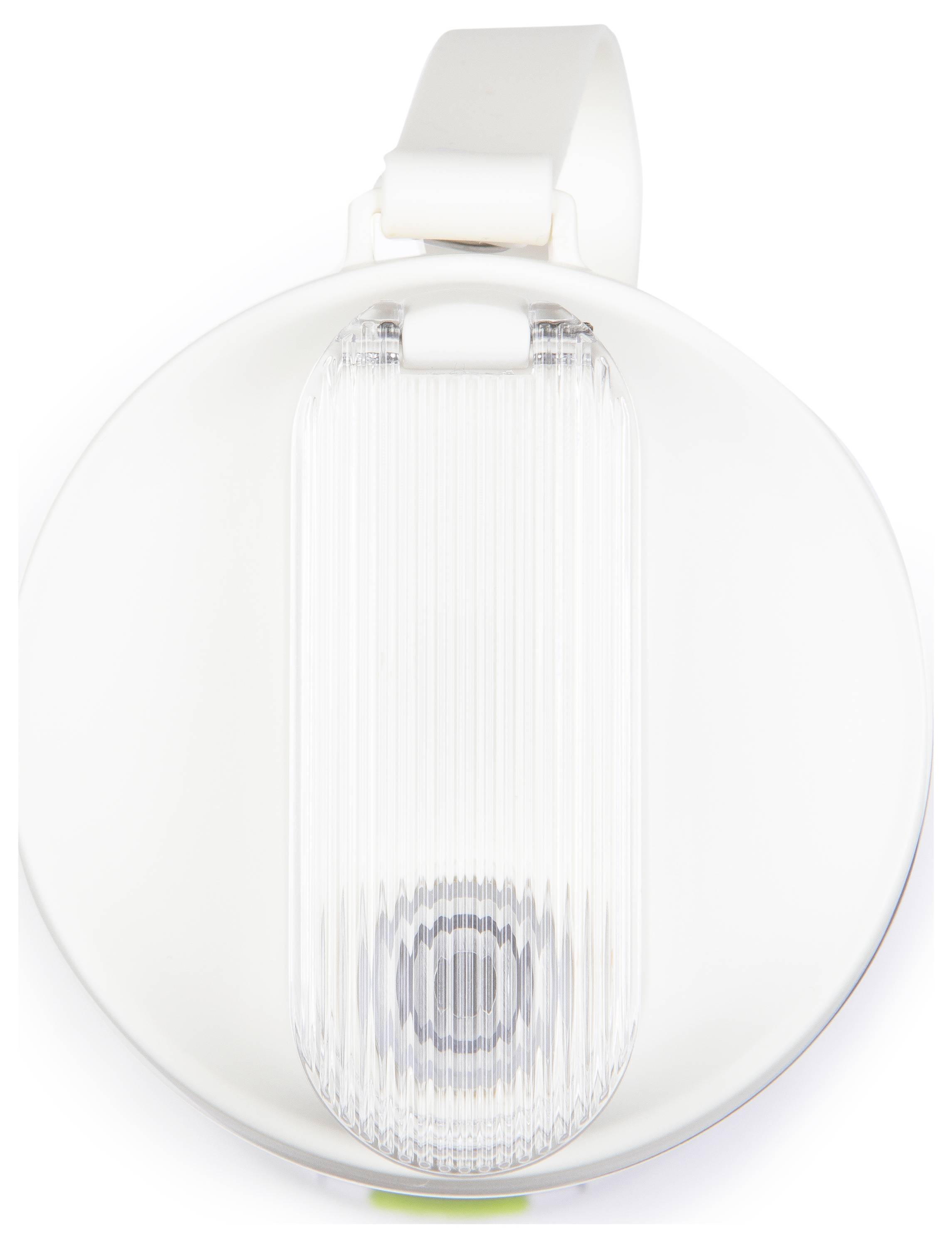 Eine runde weiße Leuchte mit transparentem, geriffelten Lampenschirm. Sie hat einen weißen Tragegriff oben.