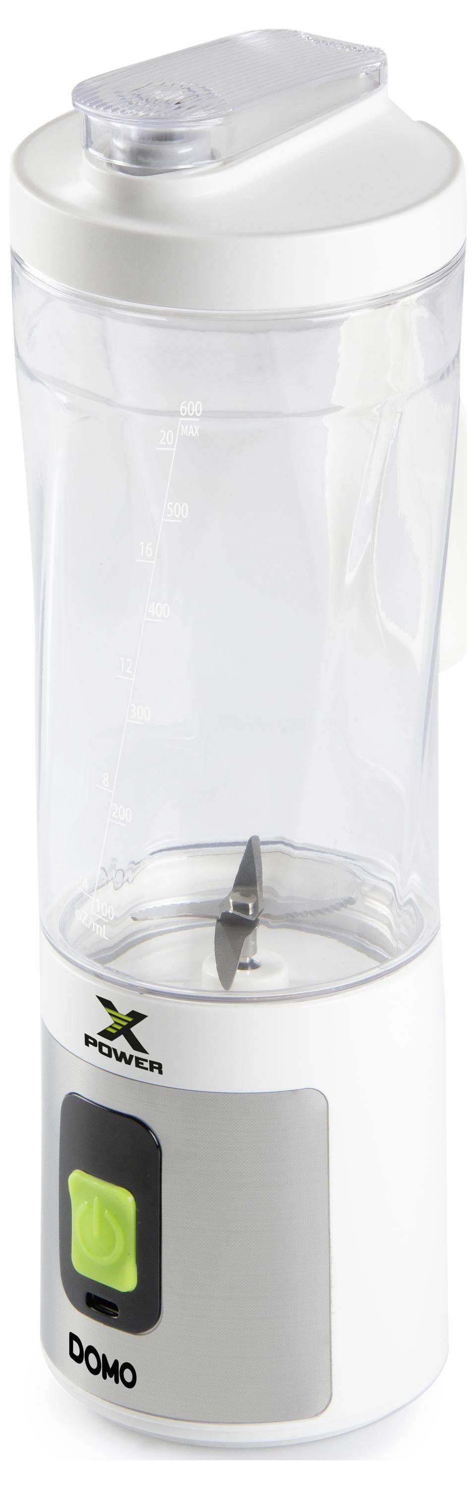 Tragbarer Mixer mit transparentem Behälter, silbernem Sockel, grüner Taste und Klingen im Inneren. Geeignet für einfache Zubereitung von Smoothies.