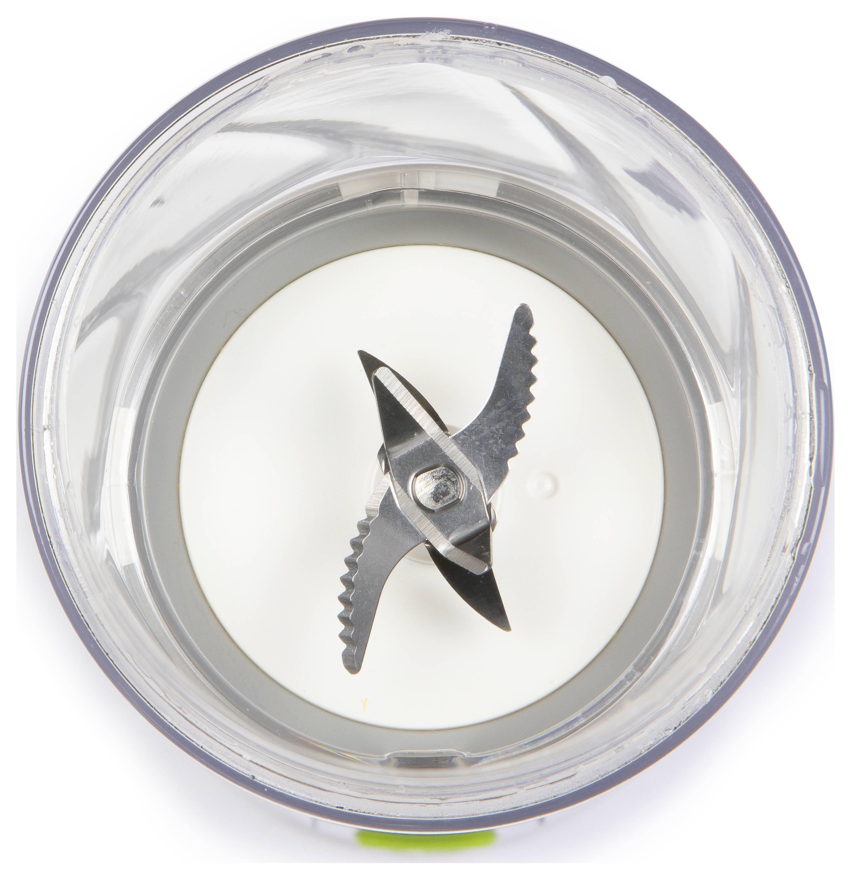 Mixeraufsatz von oben gesehen mit gezackten Edelstahlklingen, nützlich für das Zerkleinern von Zutaten in der Küche.