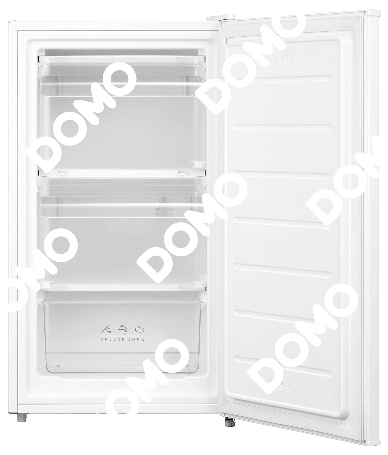 Offener Kühlschrank mit drei Fächern und einer Schublade. 