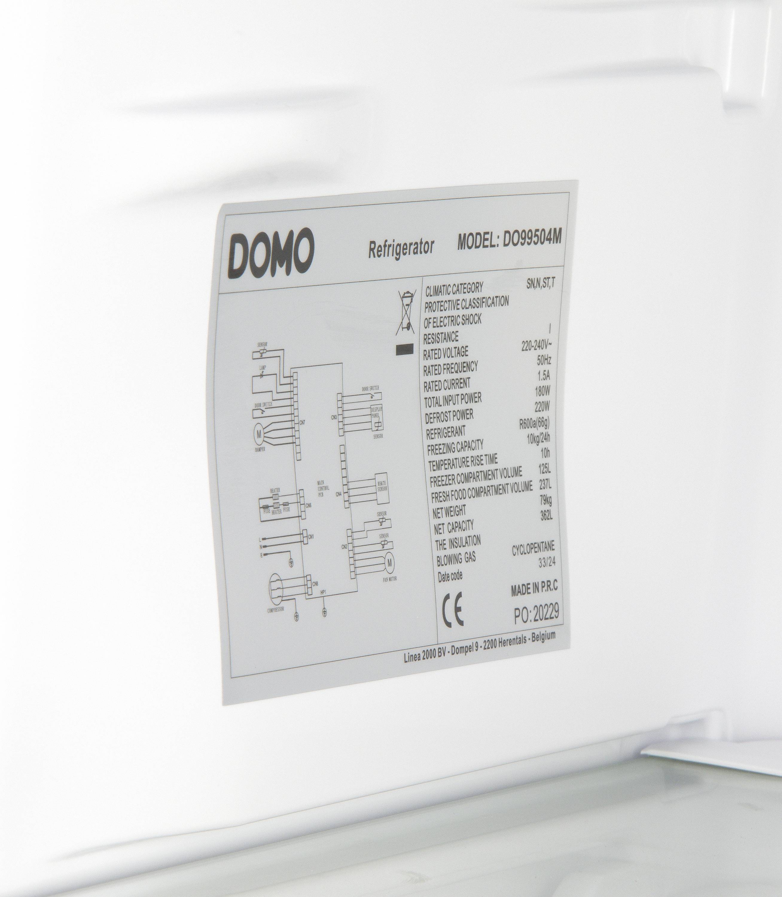 Etikett im Kühlschrank mit technischen Spezifikationen und Schaltplänen für Modell D090504M von Domo. Enthält Betriebsanweisungen.