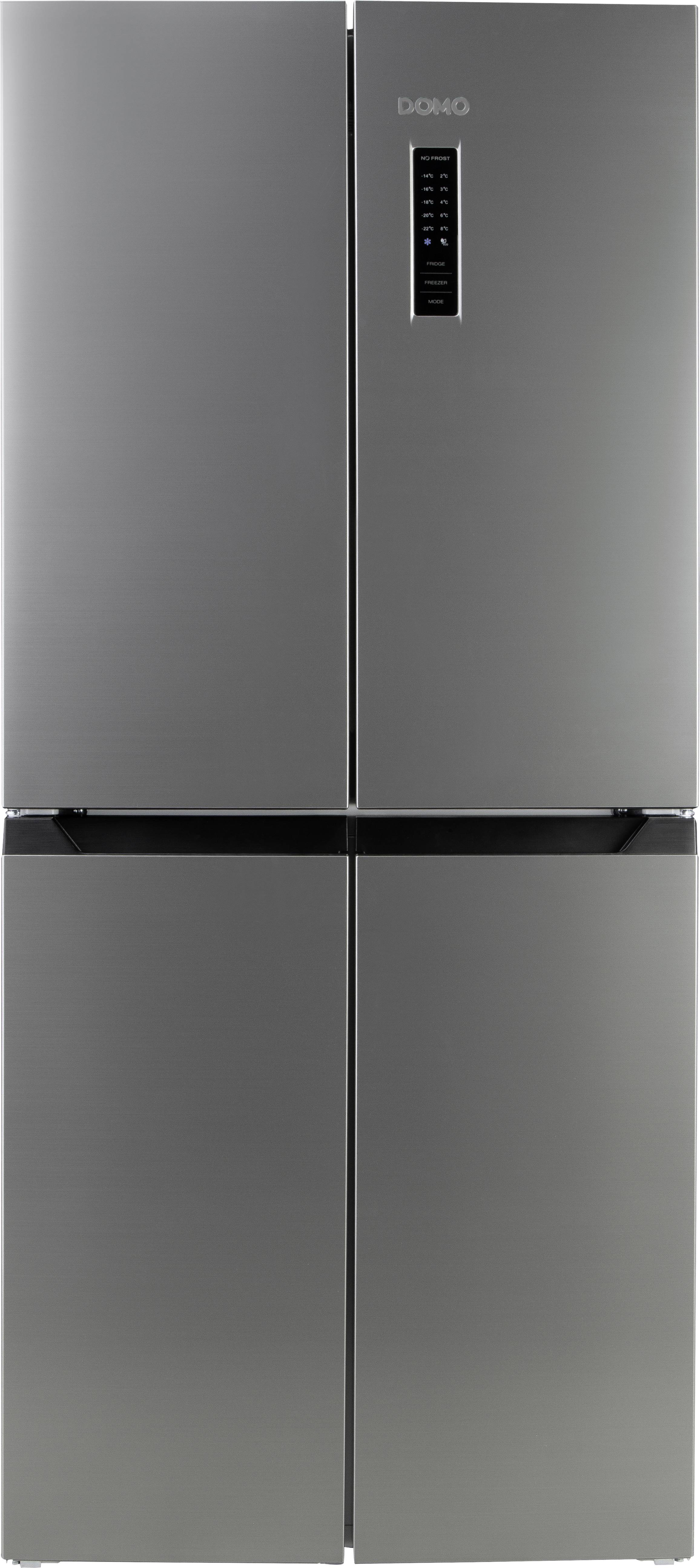 Ein moderner, grauer Vier-Türer-Kühlschrank mit einem Display oben rechts auf der Tür.