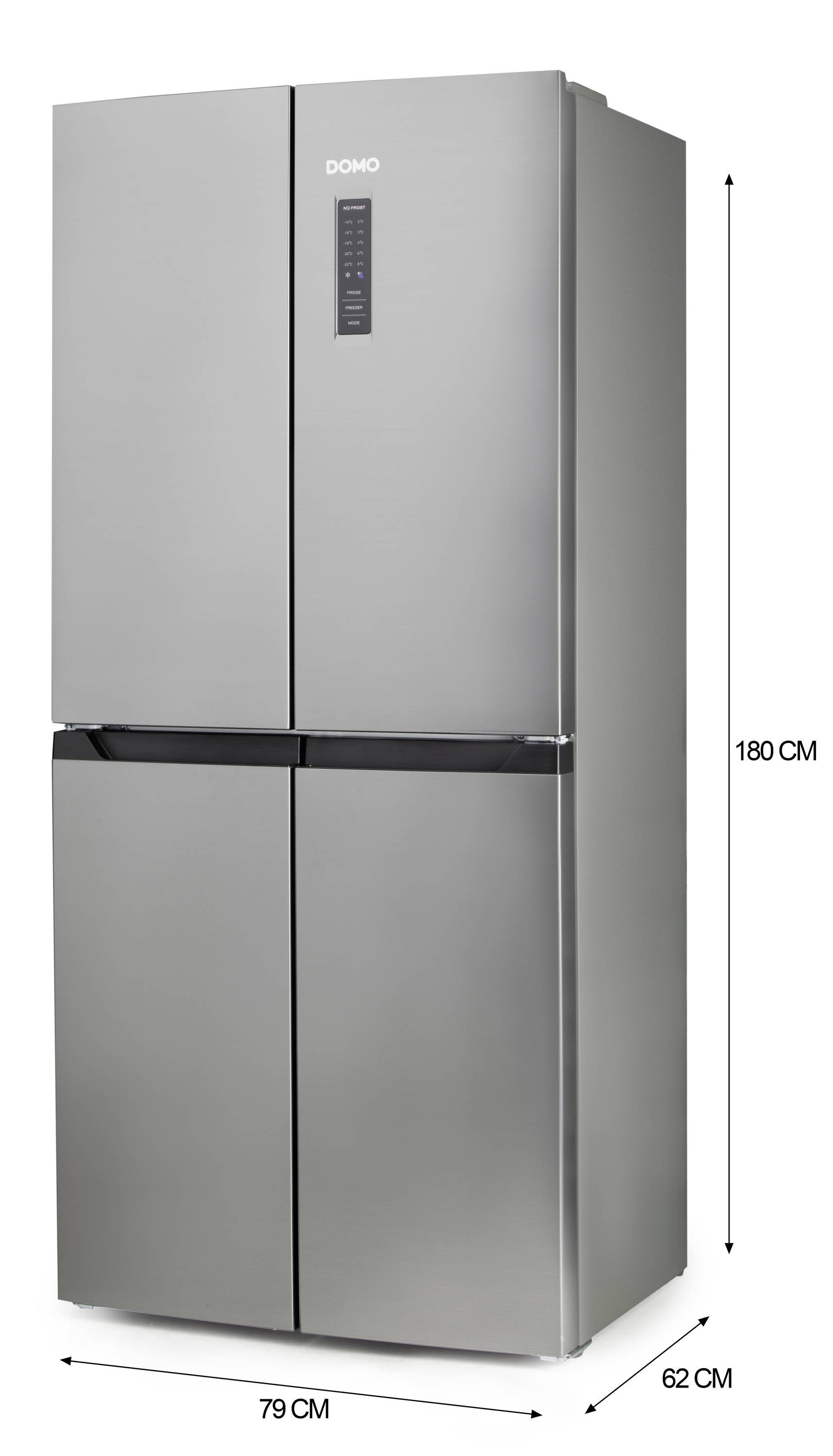 Silberner Kühlschrank mit vier Türen, Display auf der oberen rechten Tür. Maße: 180 cm hoch, 79 cm breit, 62 cm tief.