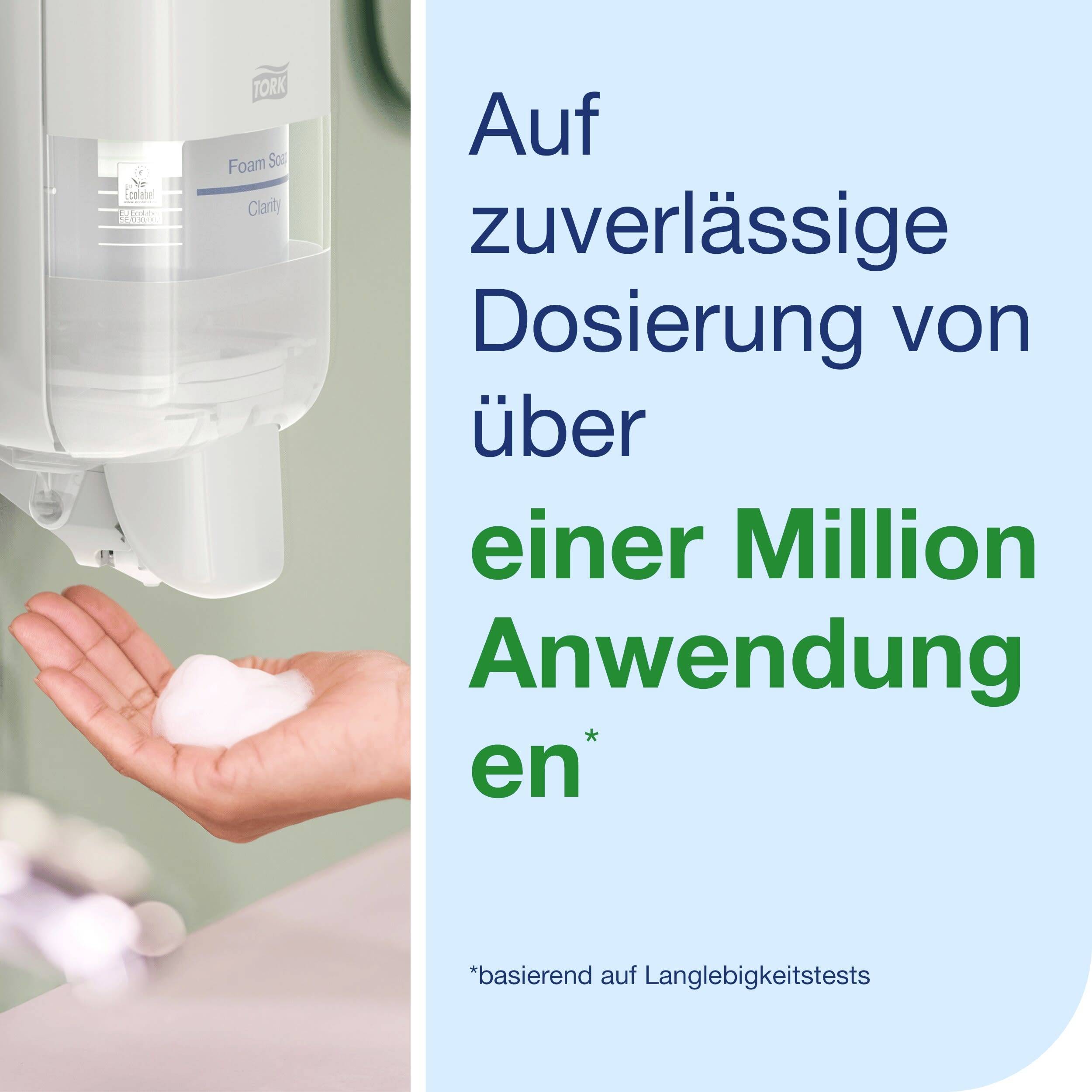 'Eine Hand hält Seifenschaum unter einem Spender. Text: Auf zuverlässige Dosierung von über einer Million Anwendungen* basierend auf Langlebigkeitstests.'