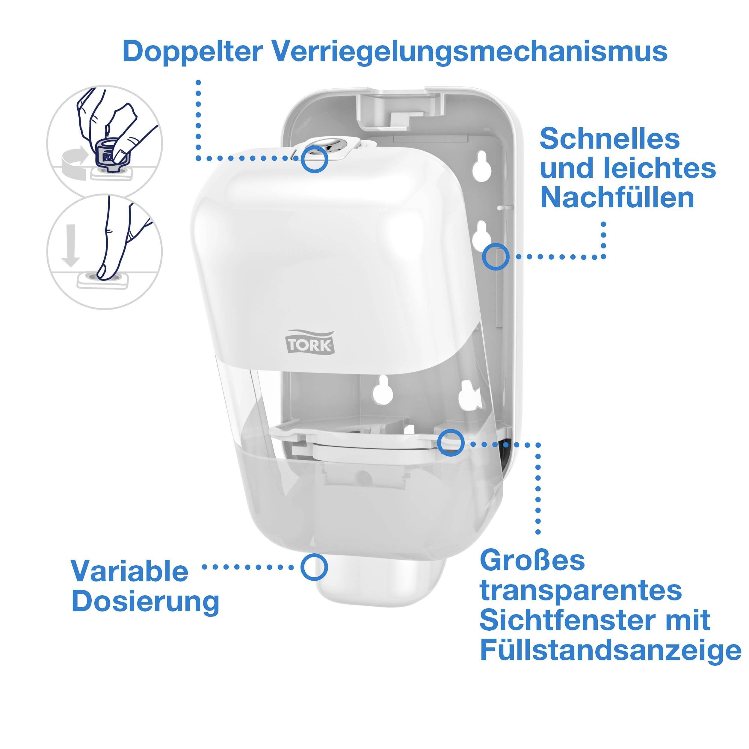 Der Seifenspender hat einen doppelten Verriegelungsmechanismus, ein Sichtfenster zur Füllstandsanzeige und ermöglicht variables Dosieren.