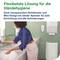 'Flexibelste Lösung für die Händehygiene. Dank transparentem Sichtfenster und Mini-Design ein idealer Spender für jede Einrichtung und alle Anforderungen.' Eine Person benutzt einen Seifenspender.