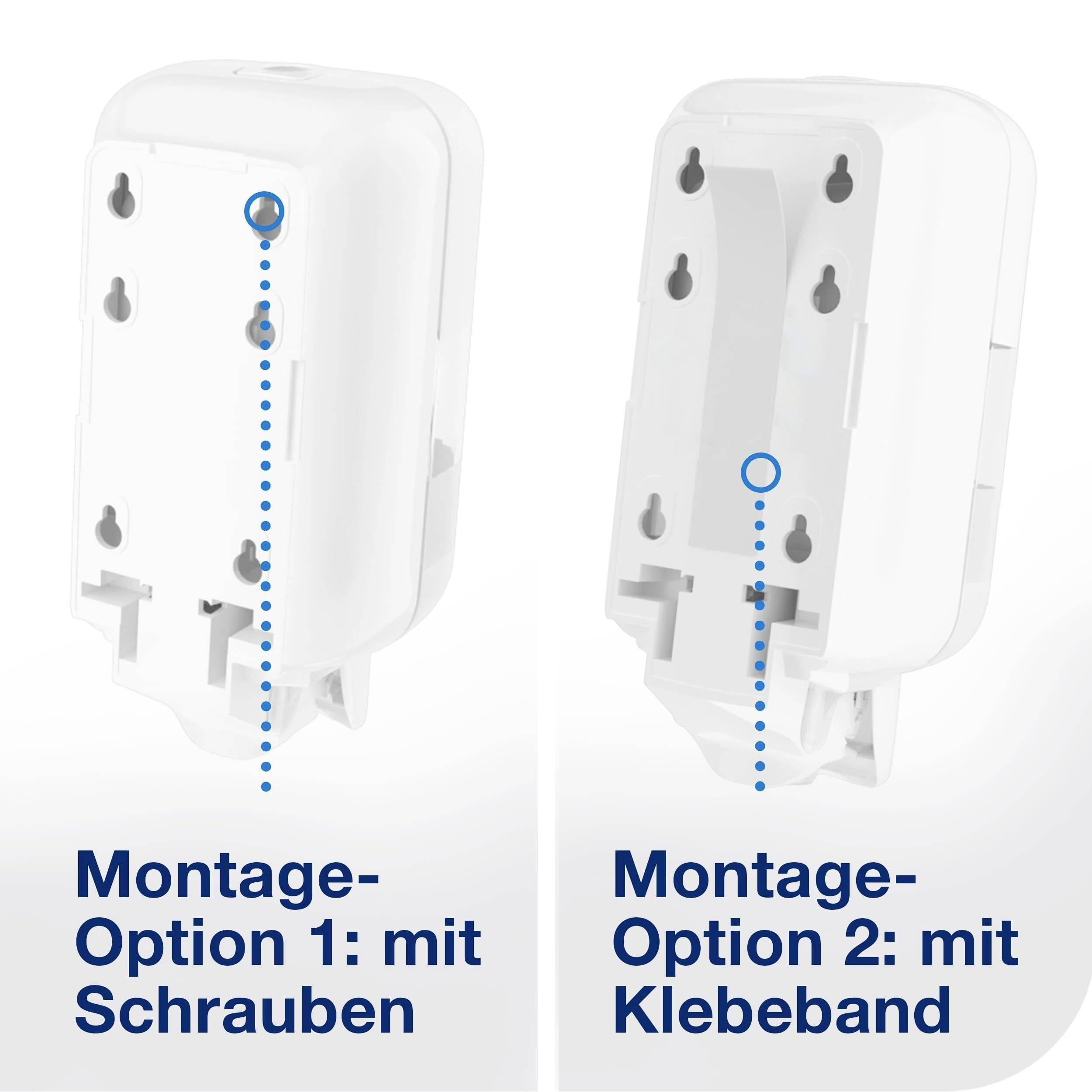 Zwei Montageoptionen für ein Gerät werden gezeigt: links mit Schrauben, rechts mit Klebeband. Beide Optionen sind mit Pfeilen markiert.